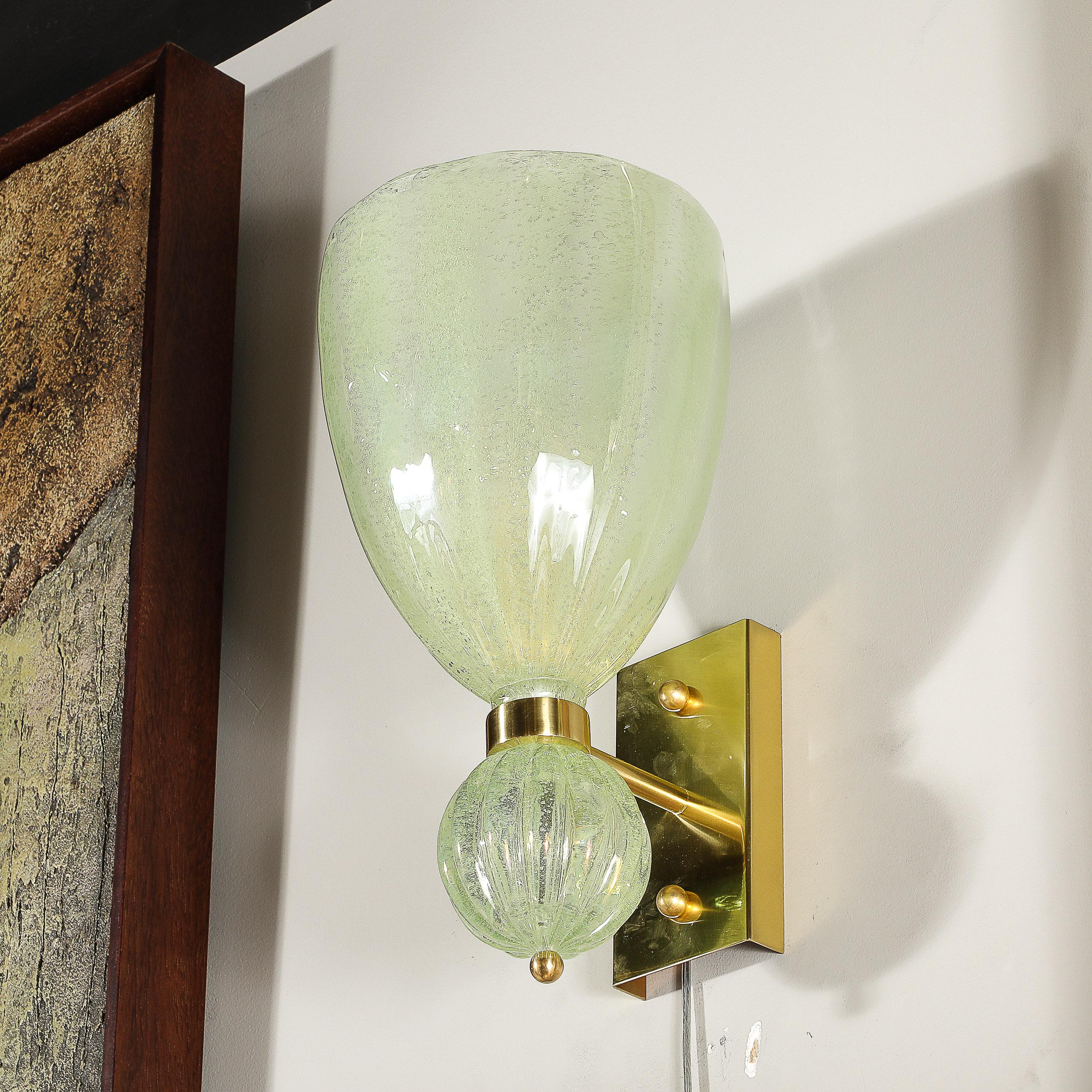 Pair of Modernist Pale Jade Hand-blown Murano Glass Sconces W/ Brass Fitting For Sale 9