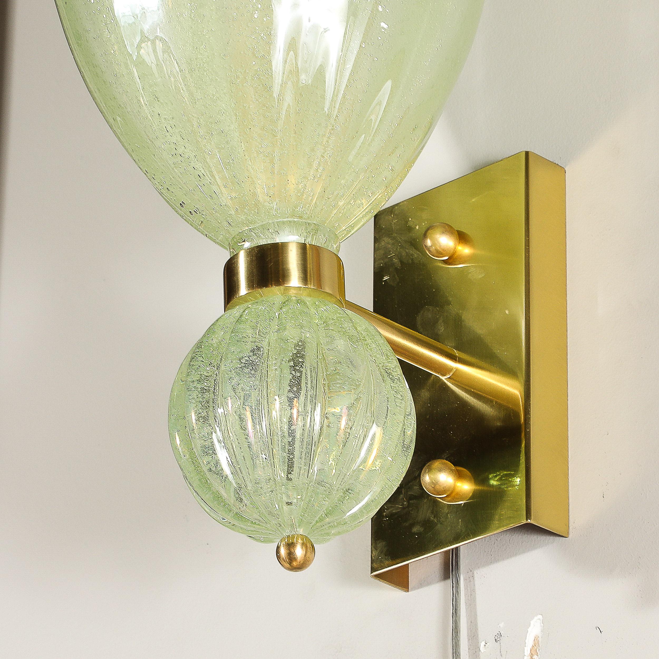 Pair of Modernist Pale Jade Hand-blown Murano Glass Sconces W/ Brass Fitting For Sale 10