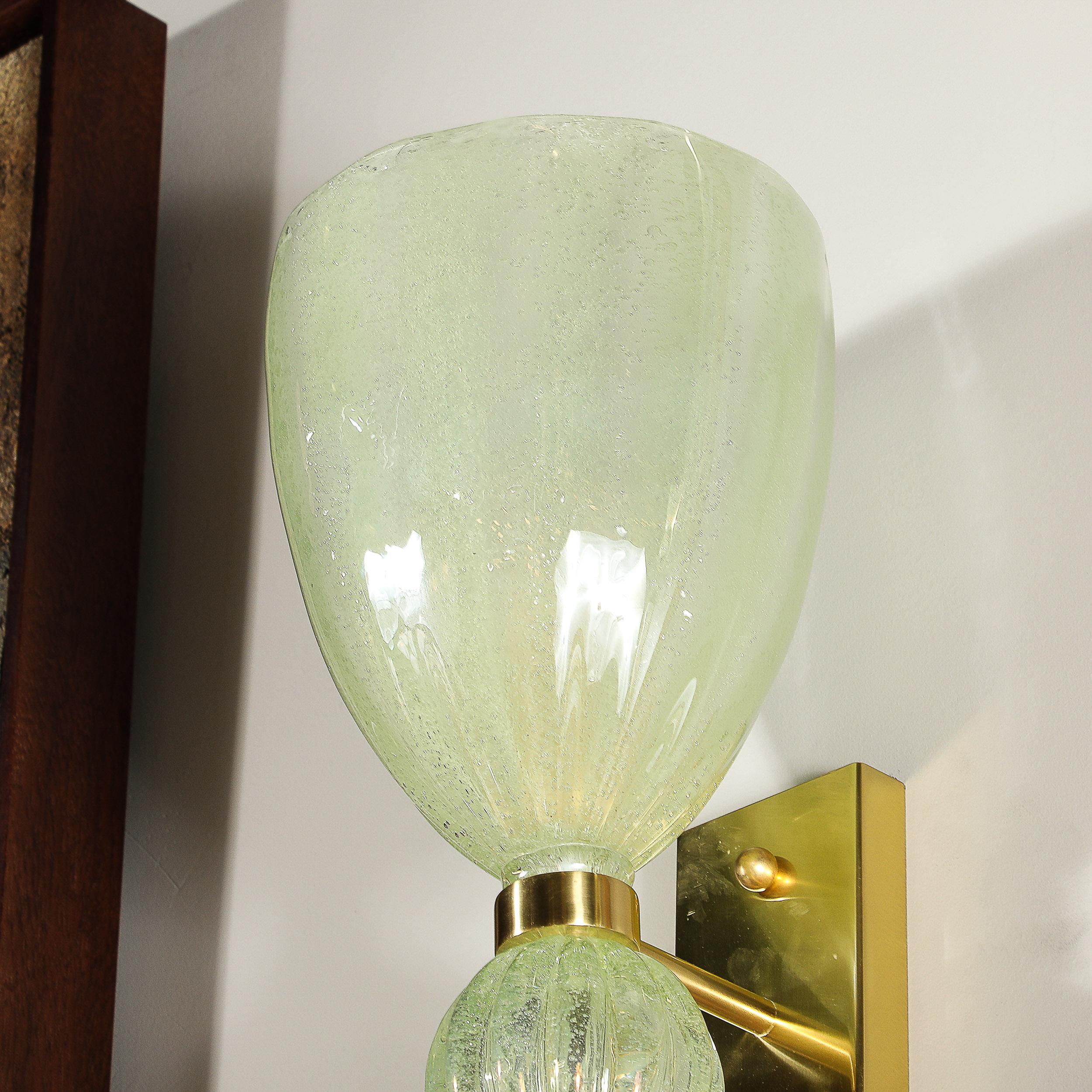 Pair of Modernist Pale Jade Hand-blown Murano Glass Sconces W/ Brass Fitting For Sale 11