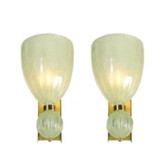 Pair of Modernist Pale Jade Hand-blown Murano Glass Sconces W/ Brass Fitting