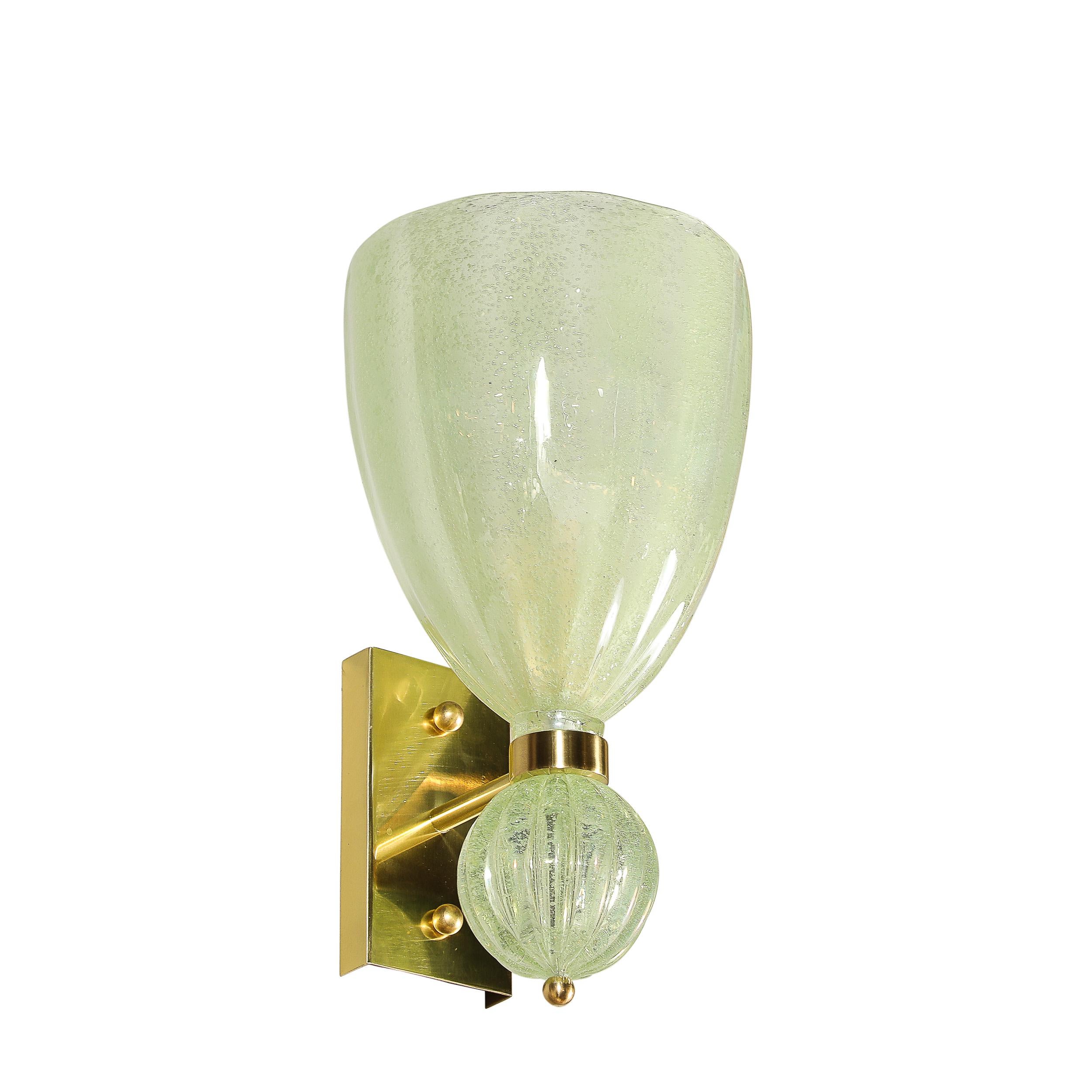 Italian Pair of Modernist Pale Jade Hand-blown Murano Glass Sconces W/ Brass Fitting For Sale