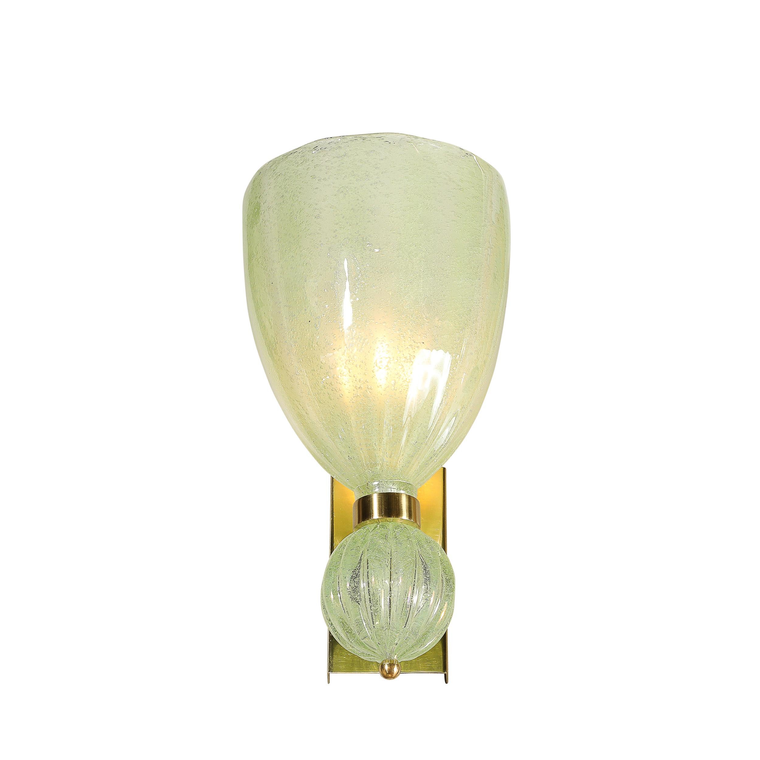 Pair of Modernist Pale Jade Hand-blown Murano Glass Sconces W/ Brass Fitting In New Condition For Sale In New York, NY