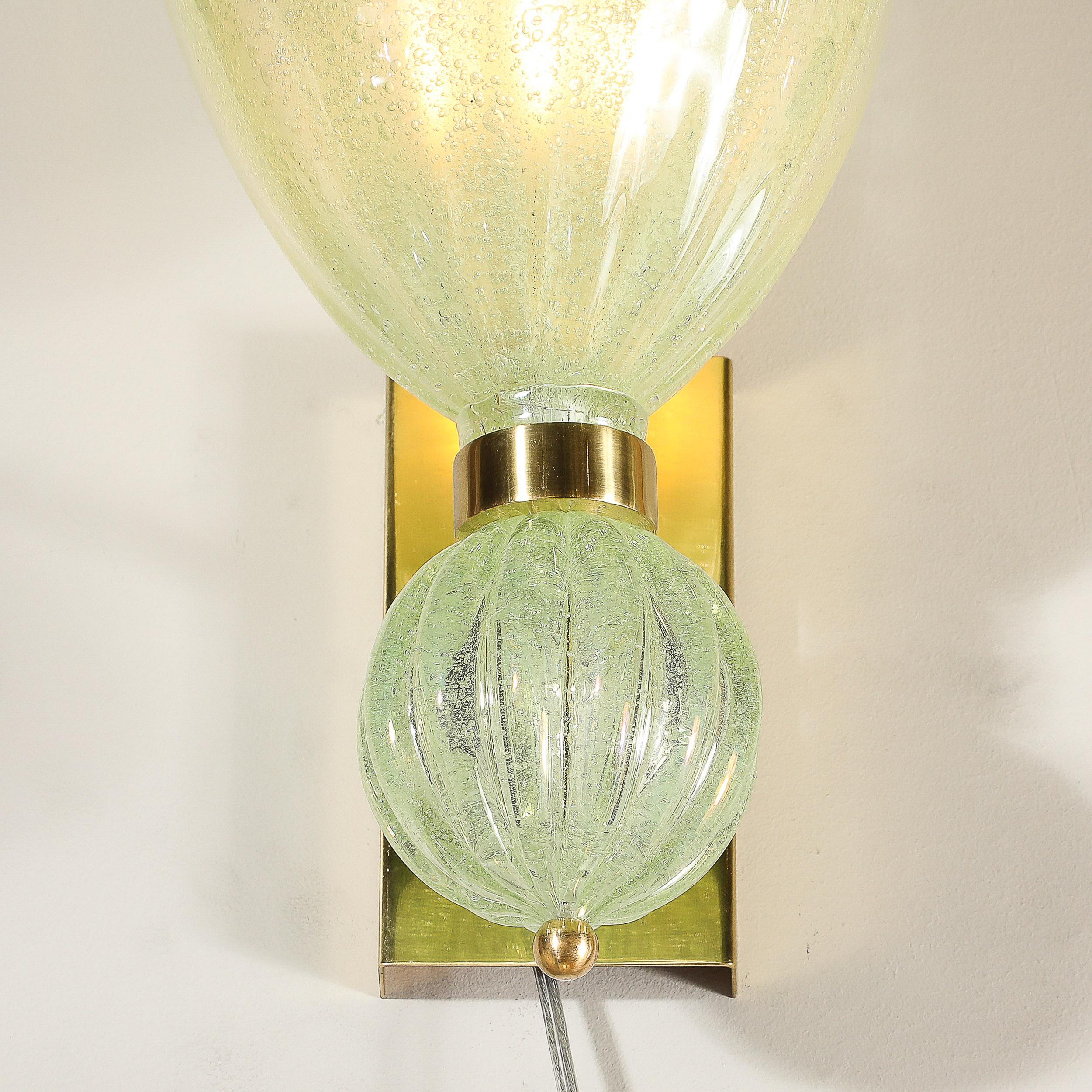Contemporary Pair of Modernist Pale Jade Hand-blown Murano Glass Sconces W/ Brass Fitting For Sale