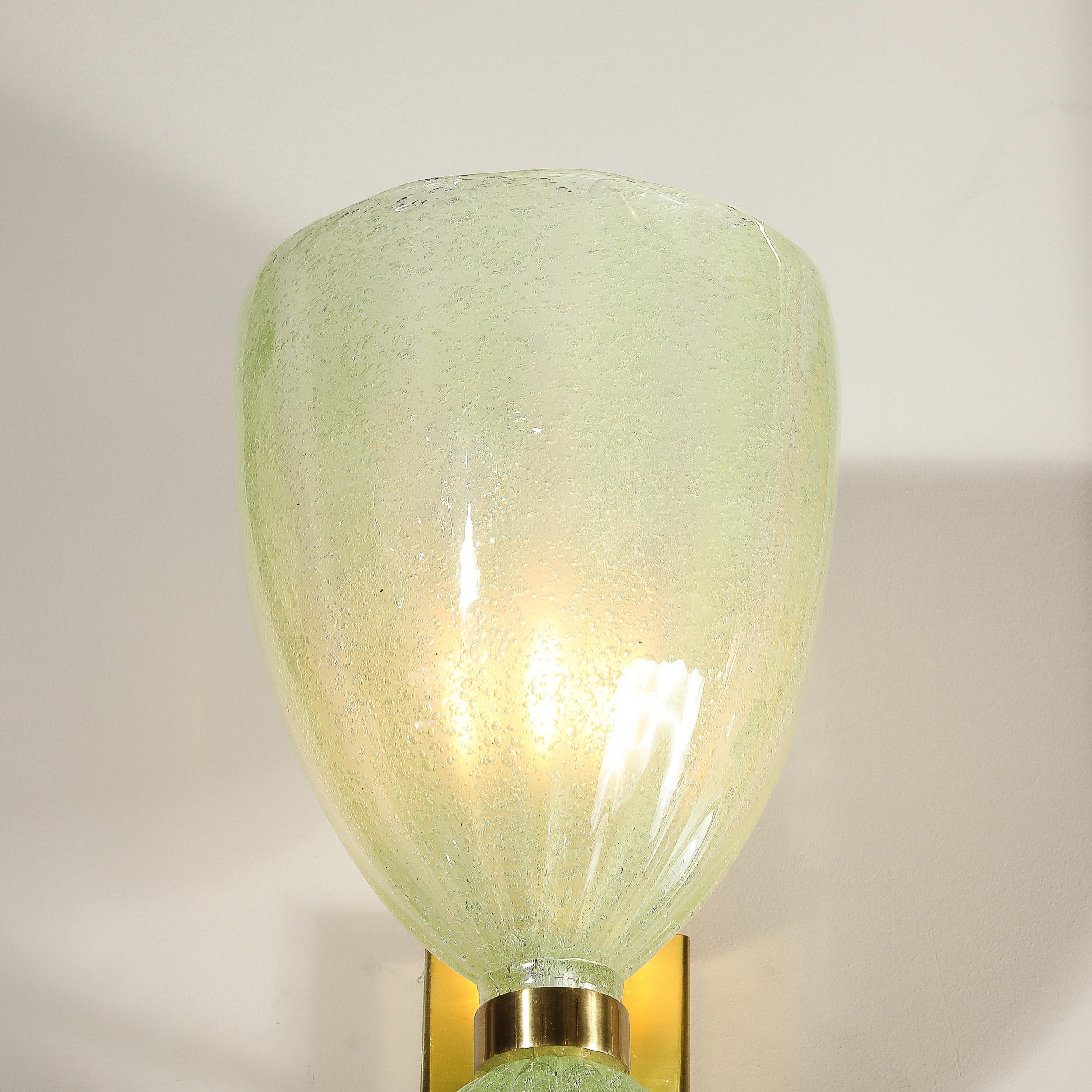 Pair of Modernist Pale Jade Hand-blown Murano Glass Sconces W/ Brass Fitting For Sale 1