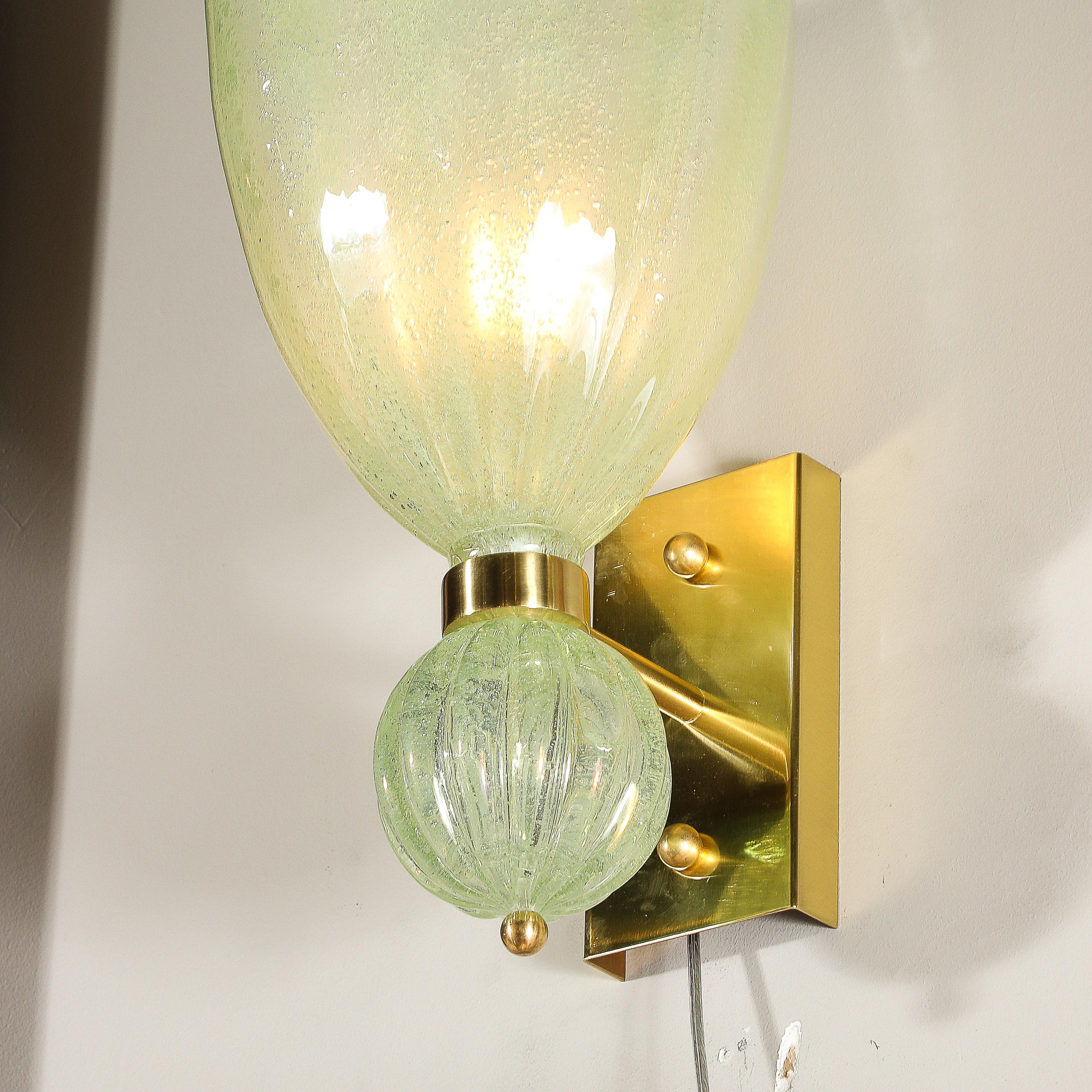 Pair of Modernist Pale Jade Hand-blown Murano Glass Sconces W/ Brass Fitting For Sale 2