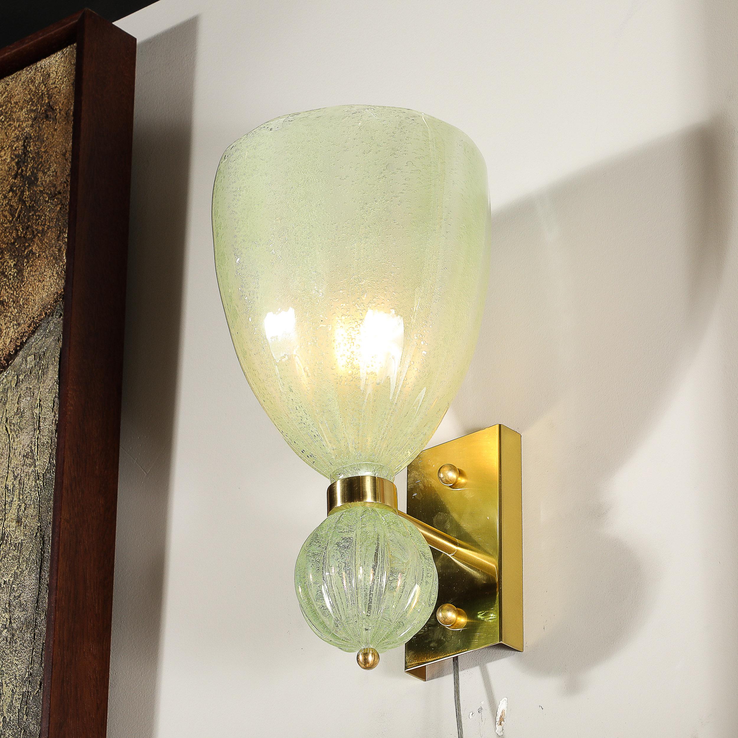Pair of Modernist Pale Jade Hand-blown Murano Glass Sconces W/ Brass Fitting For Sale 3