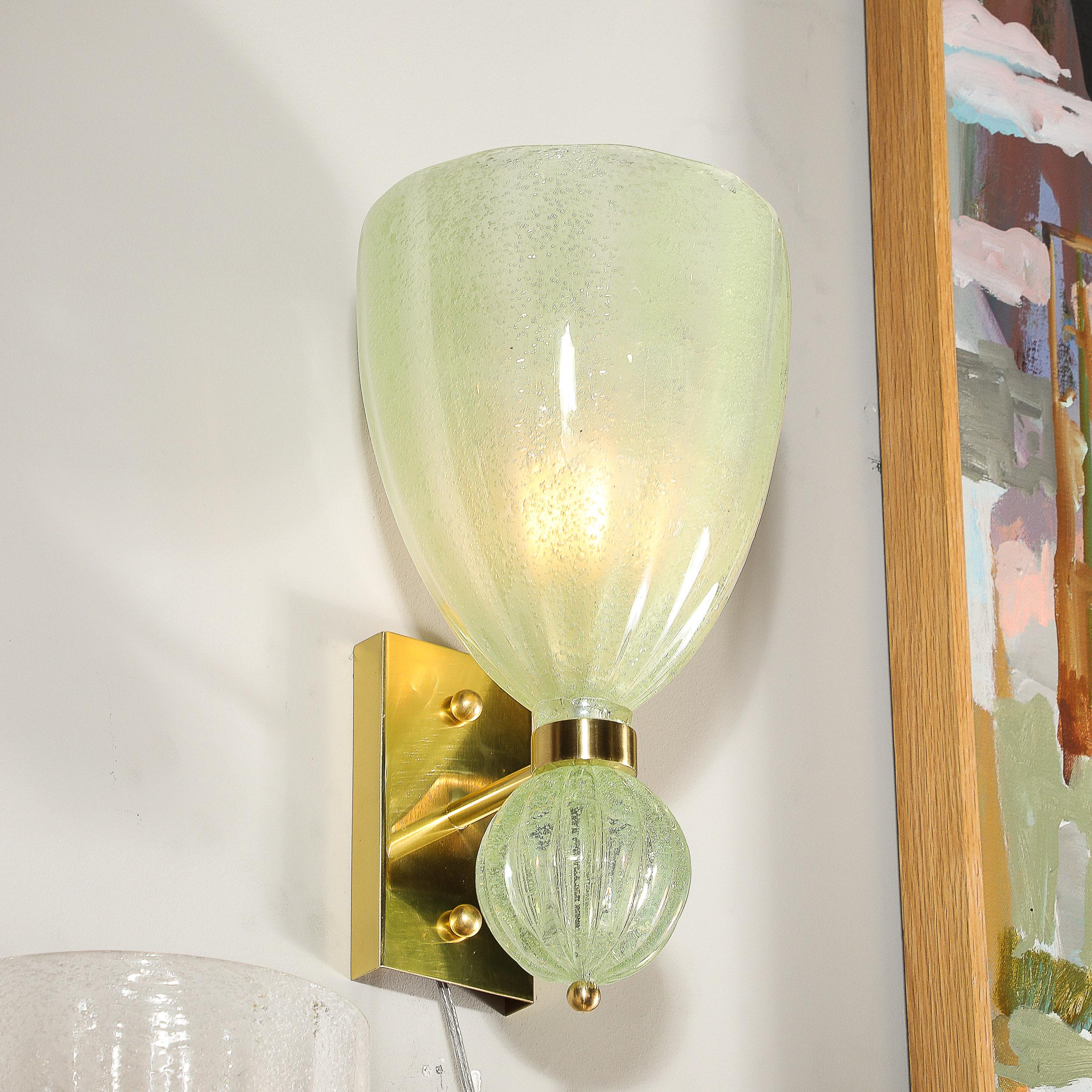 Pair of Modernist Pale Jade Hand-blown Murano Glass Sconces W/ Brass Fitting For Sale 4