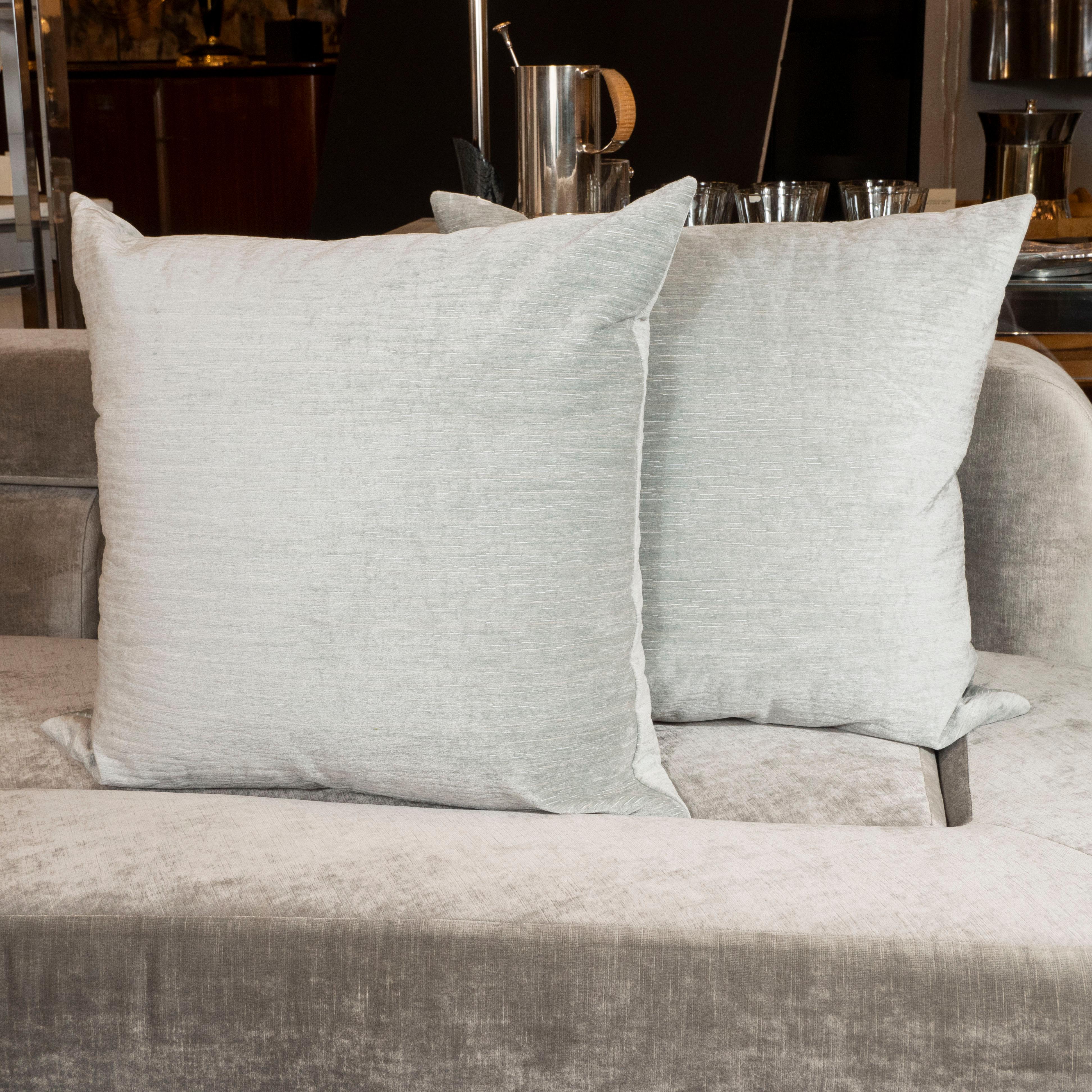 Contemporary Pair of Modernist Pillows in Striated Sea Foam Velvet For Sale