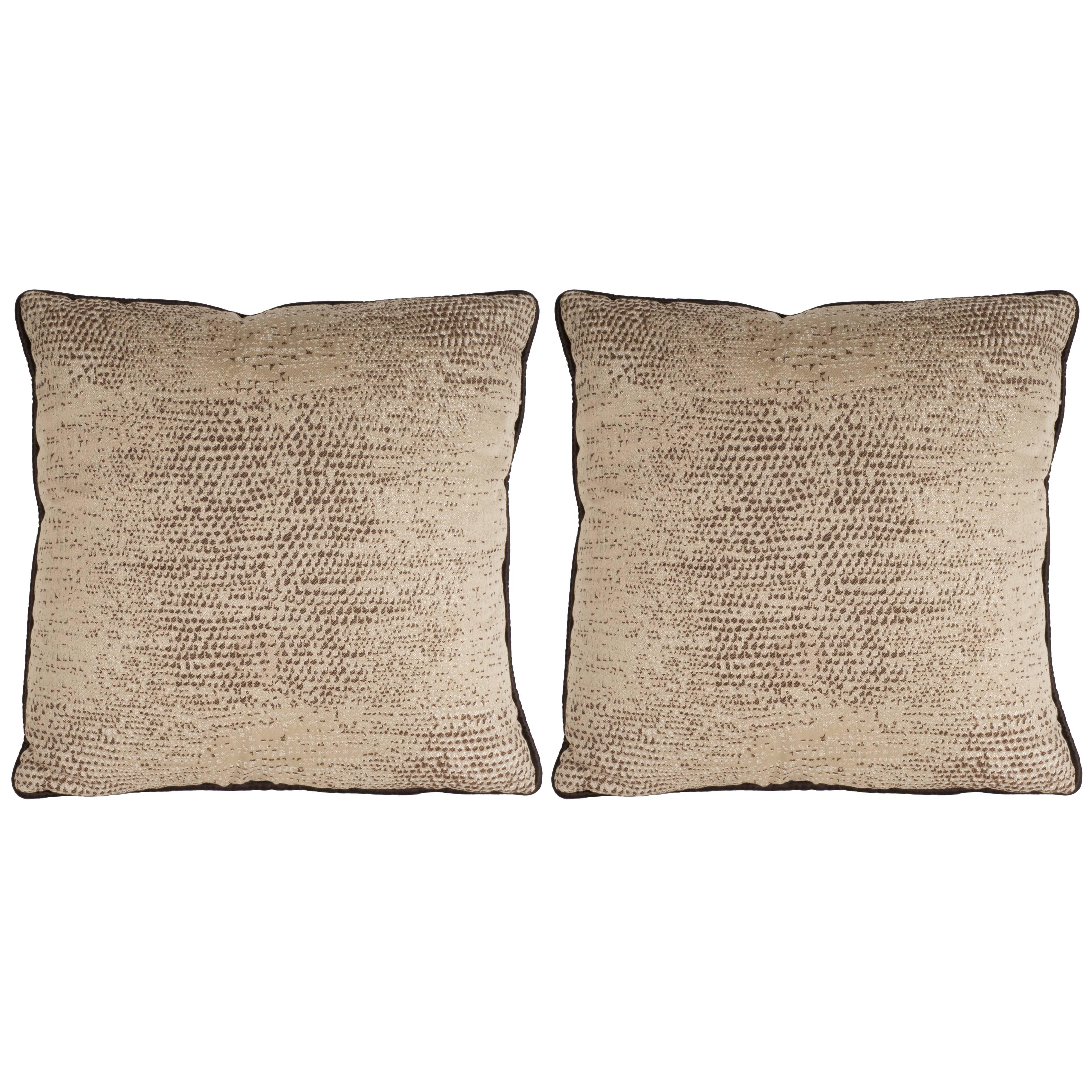 Pair of Modernist Pillows with Dark Chocolate Piping and Stylized Lizard Print