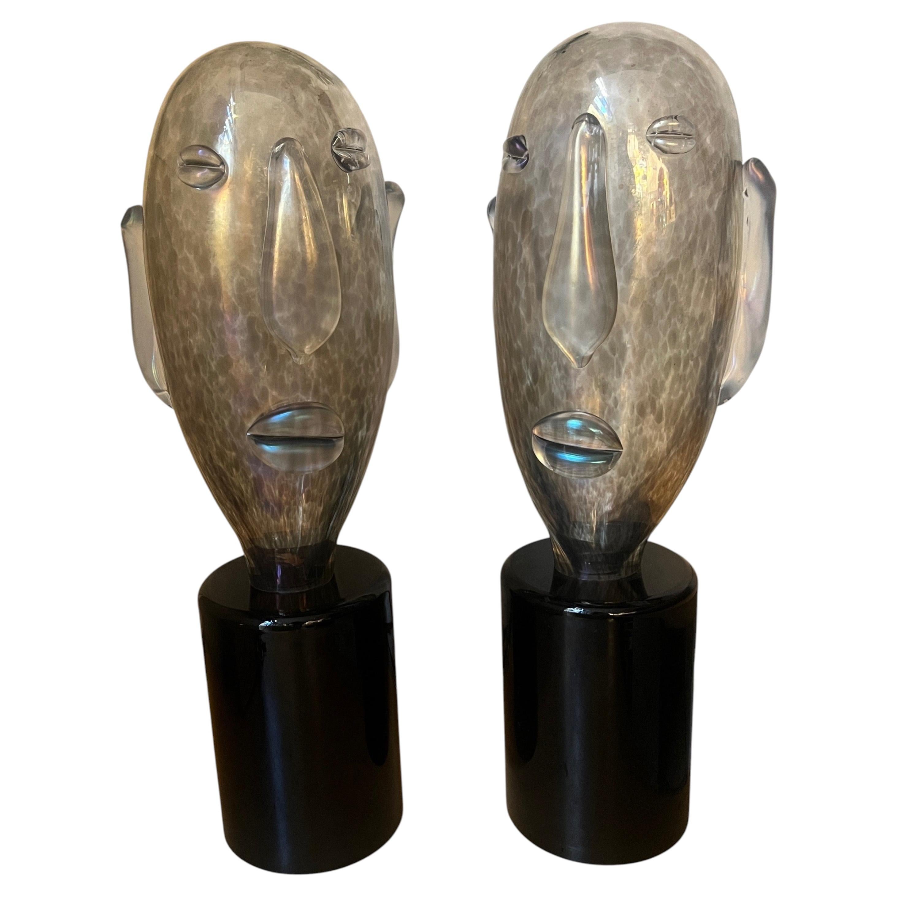 Pair of Modernist Elongated Picasso-Style Murano Glass Head Sculptures 1980s