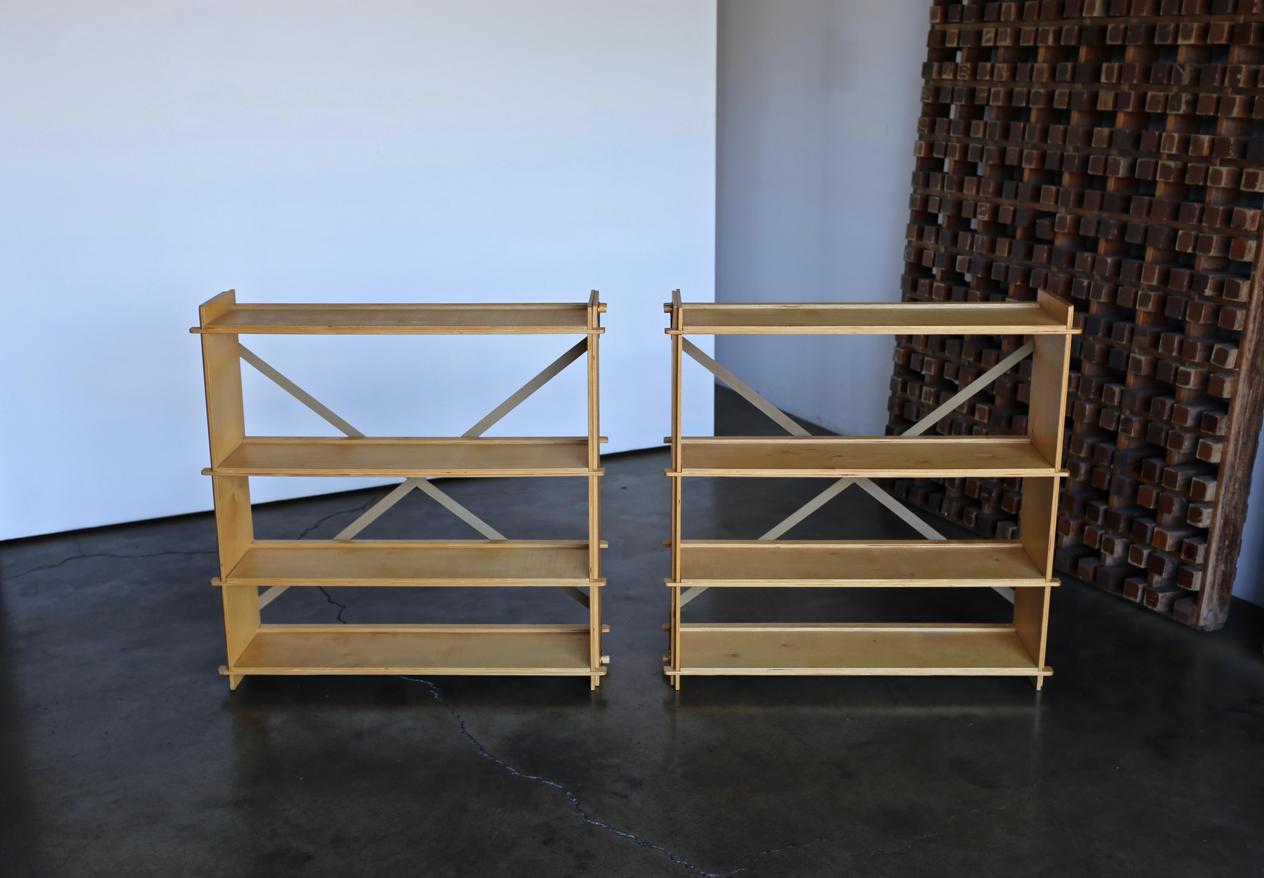 Brass Pair of Modernist Plywood Bookcases, circa 1975