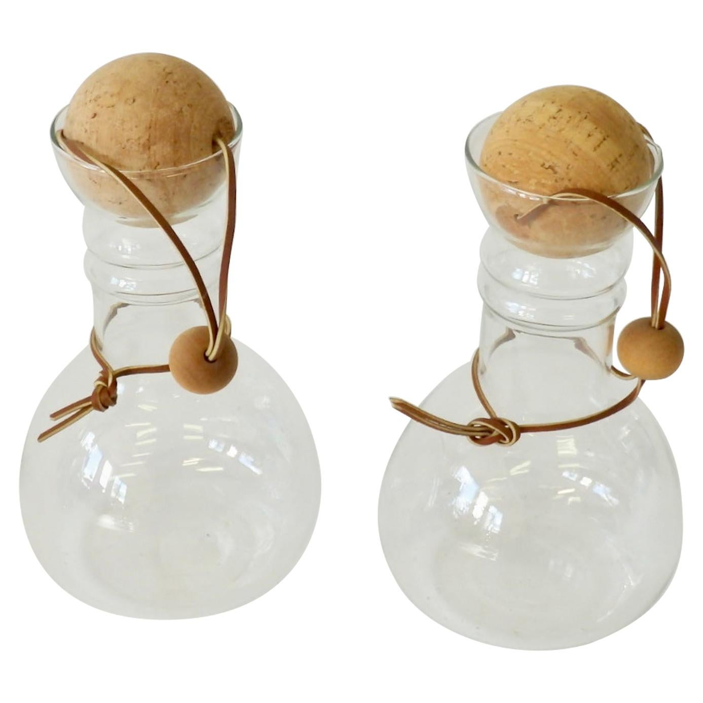 Pair of Modernist Pyrex Glass Decanters with Leather Bound Cork Ball Stoppers