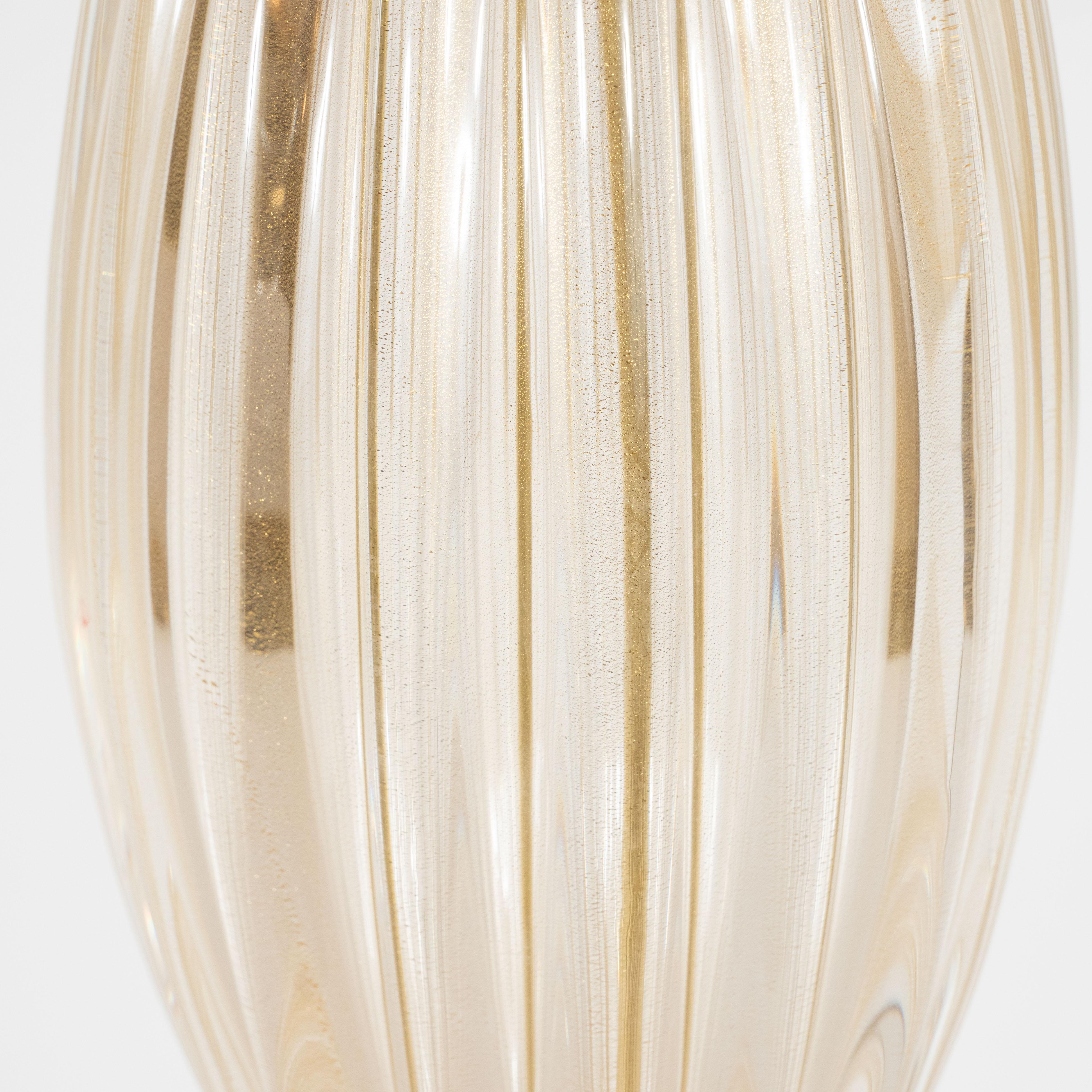 Pair of Modernist Reeded Translucent Glass Table Lamps with 24-karat Gold Flecks For Sale 1