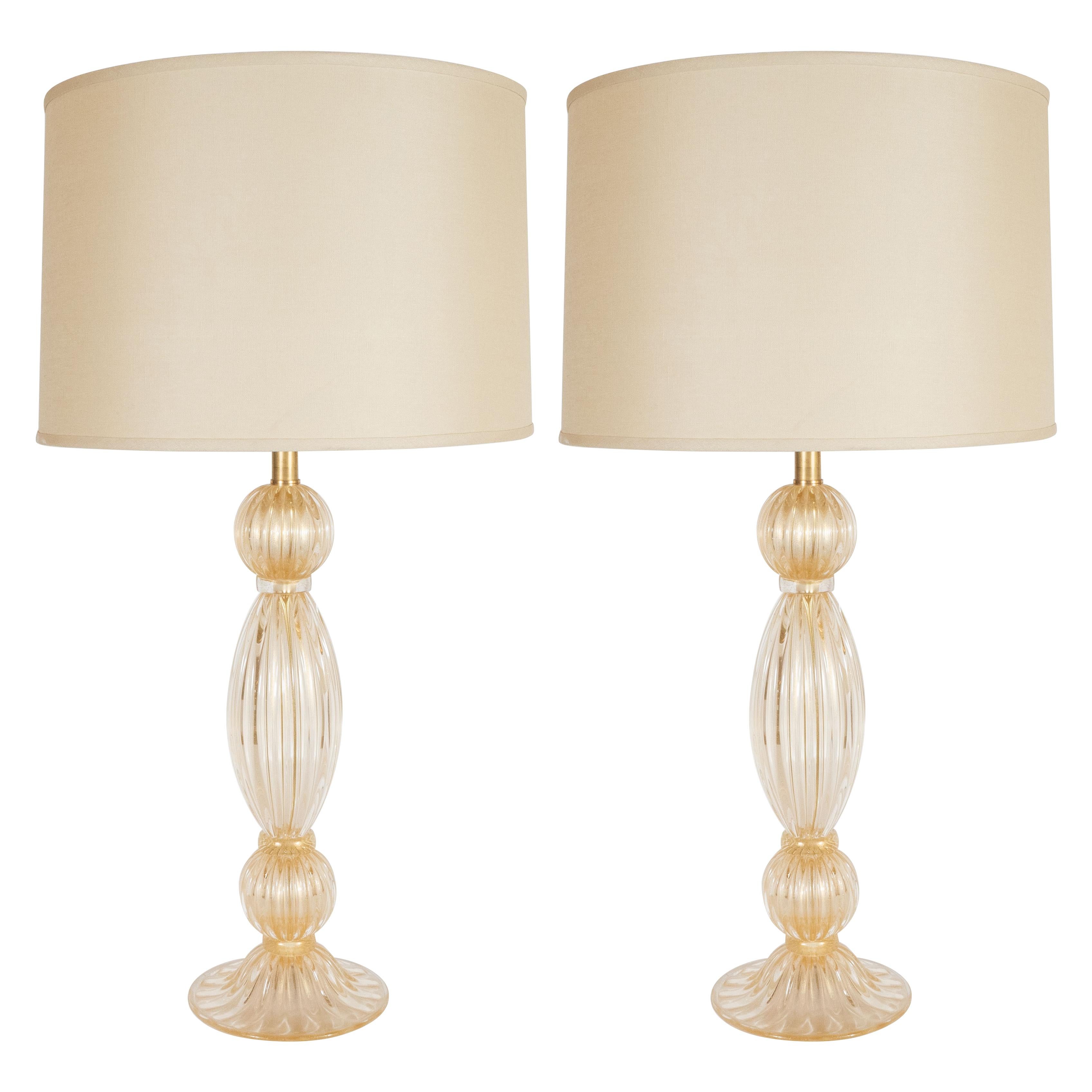 Pair of Modernist Reeded Translucent Glass Table Lamps with 24-karat Gold Flecks For Sale