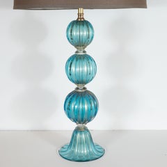 Pair of Modernist Ribbed and Banded Turquoise Table Lamps with 24kt Gold Flecks