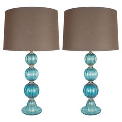 Pair of Modernist Ribbed and Banded Turquoise Table Lamps with 24kt Gold Flecks