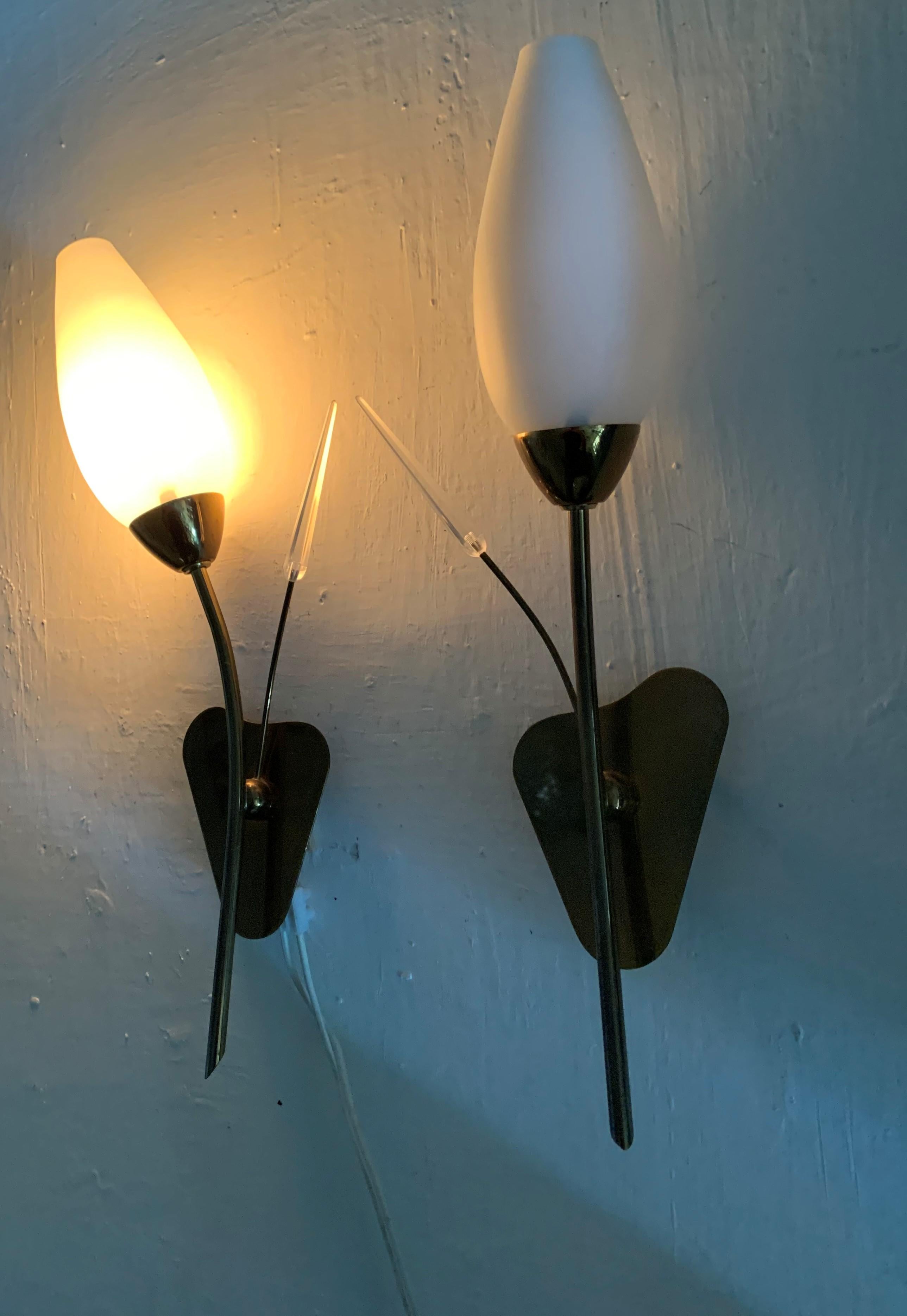Pair of Modernist Sconces Attributed Maison Arlus in Brass and Opaline Glass For Sale 3