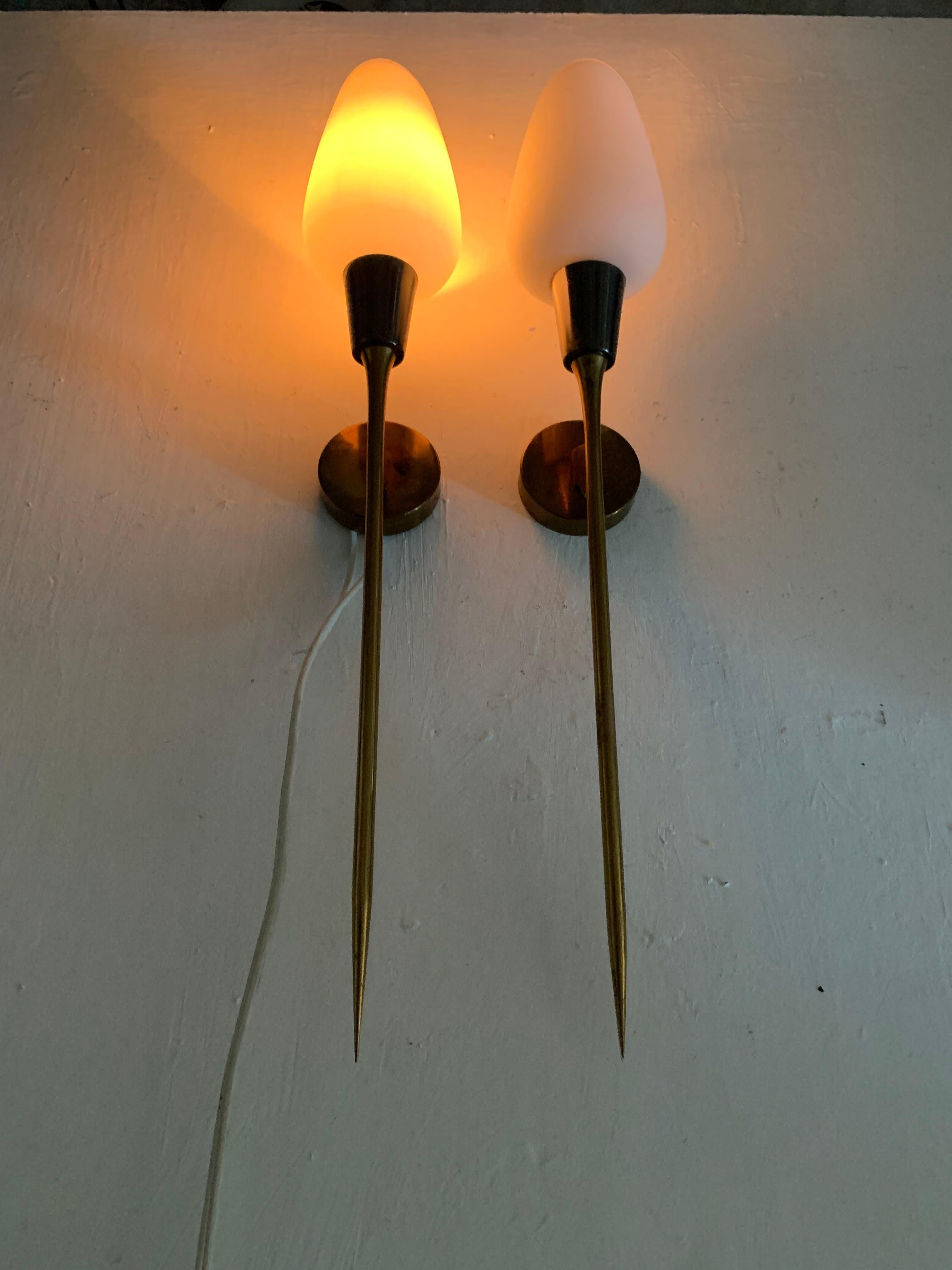 Pair of Modernist Sconces attr Maison Arlus in Brass and Opaline Glass, France 3