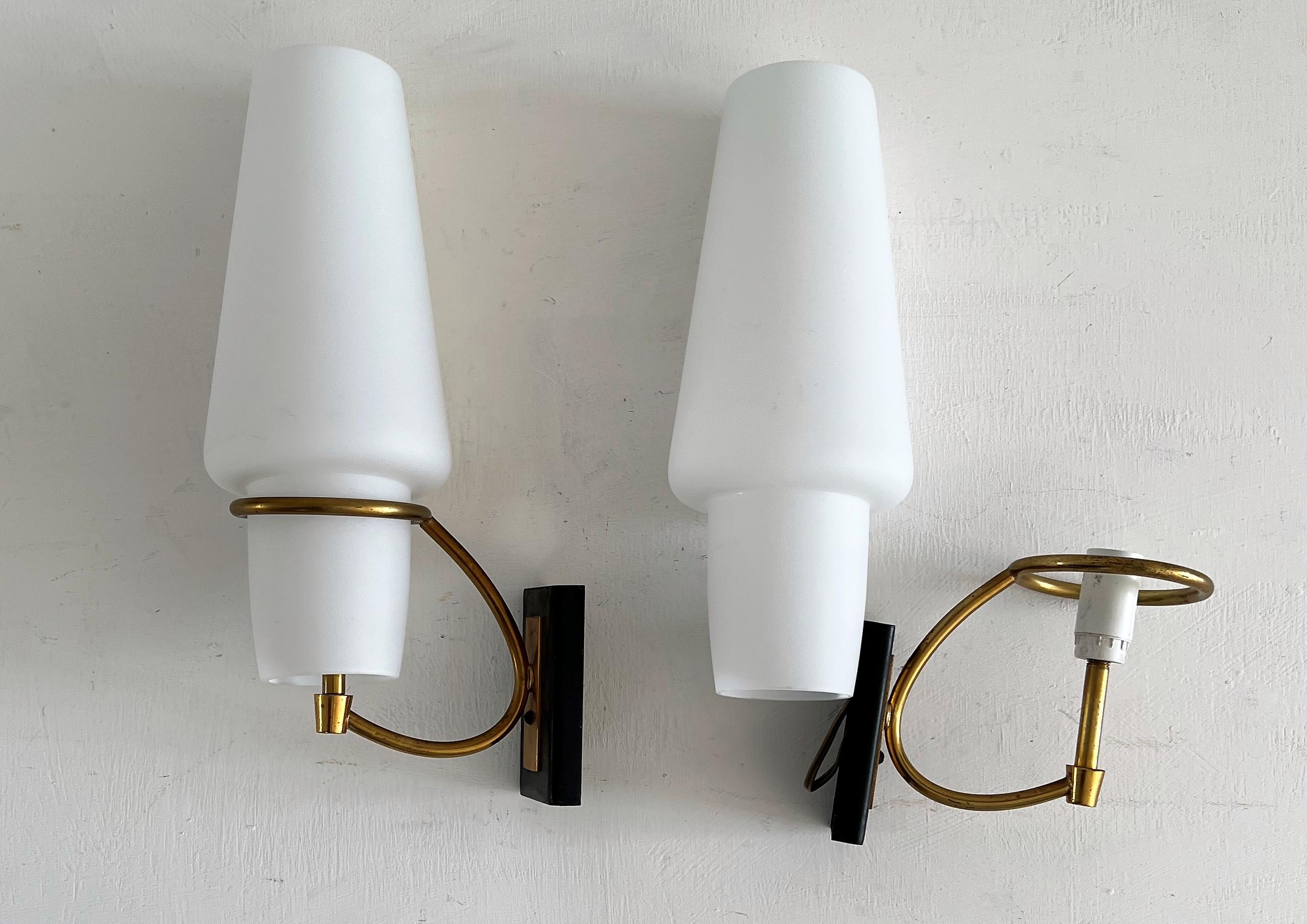 Pair of Modernist Sconces Attr Maison Arlus in Brass and Opaline Glass, France For Sale 3