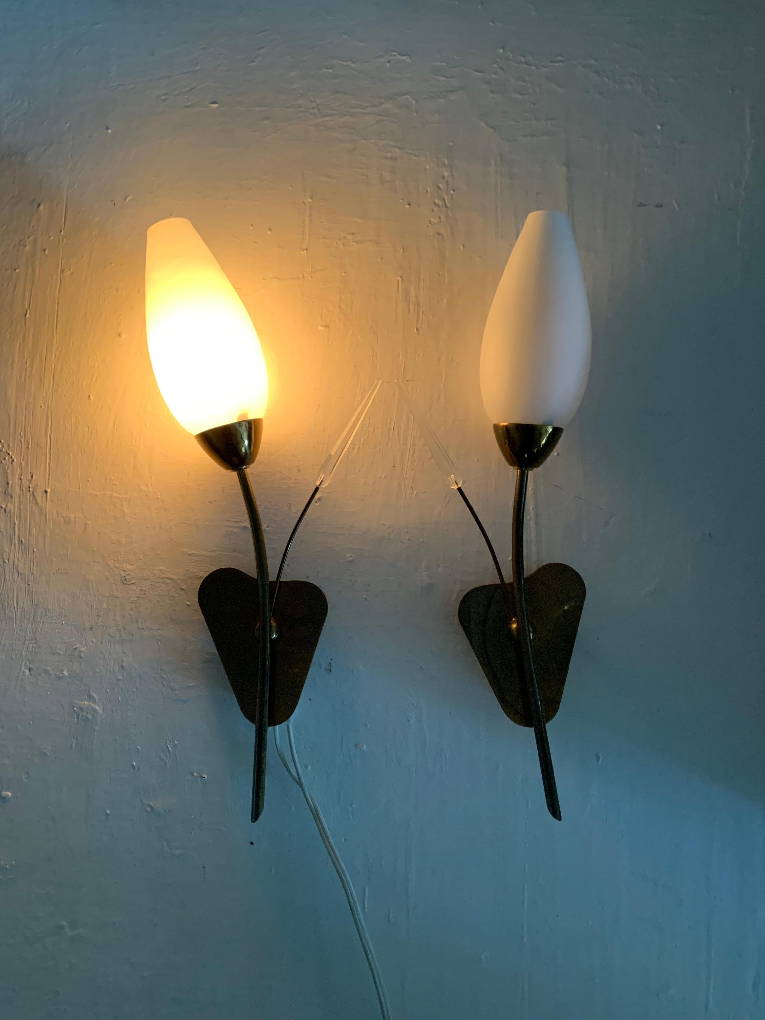 Pair of Modernist Sconces Attributed Maison Arlus in Brass and Opaline Glass For Sale 4