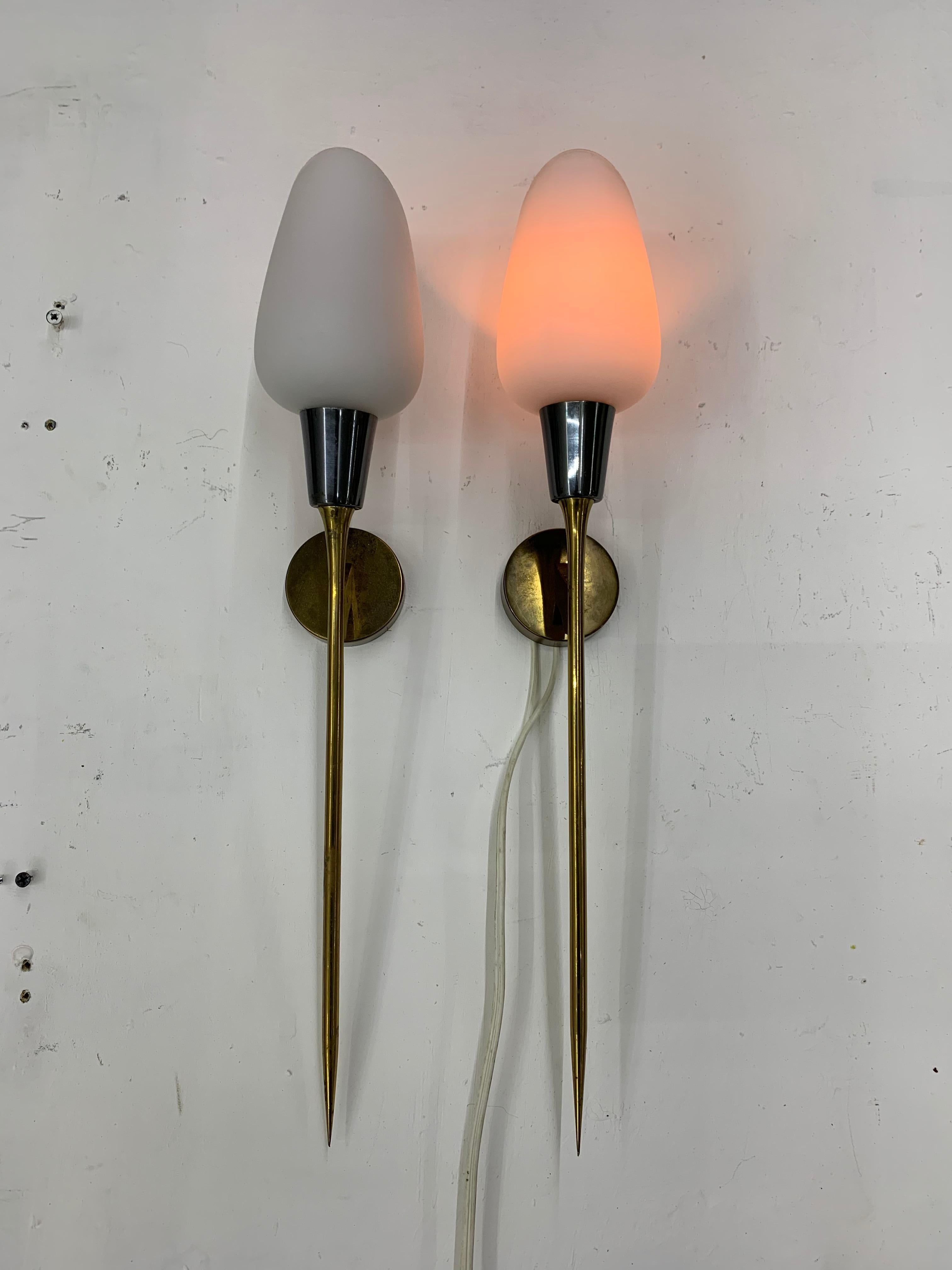 Pair of Modernist Sconces attr Maison Arlus in Brass and Opaline Glass, France 4