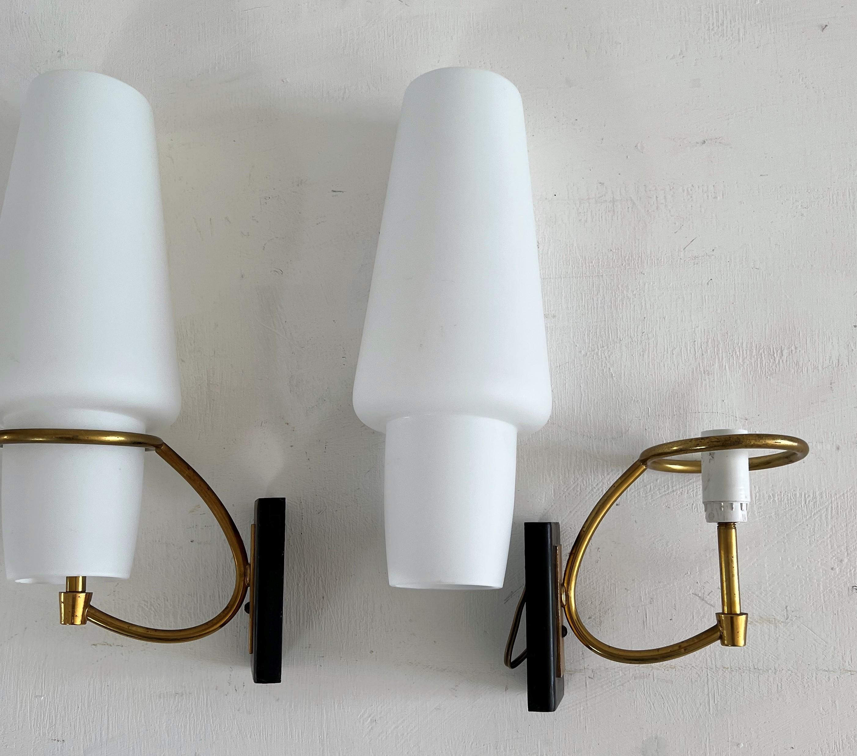Pair of Modernist Sconces Attr Maison Arlus in Brass and Opaline Glass, France For Sale 4