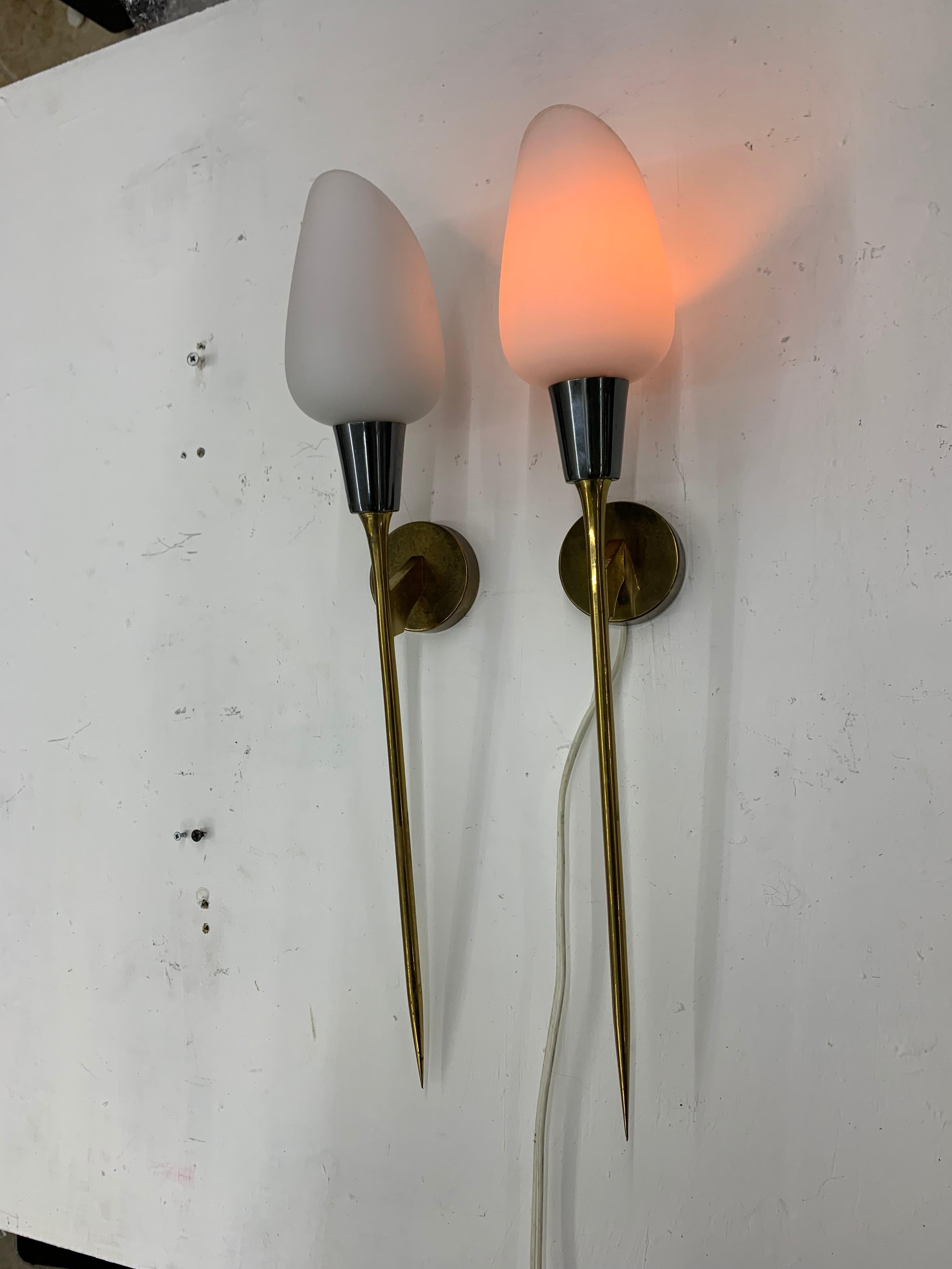 Pair of Modernist Sconces attr Maison Arlus in Brass and Opaline Glass, France 5