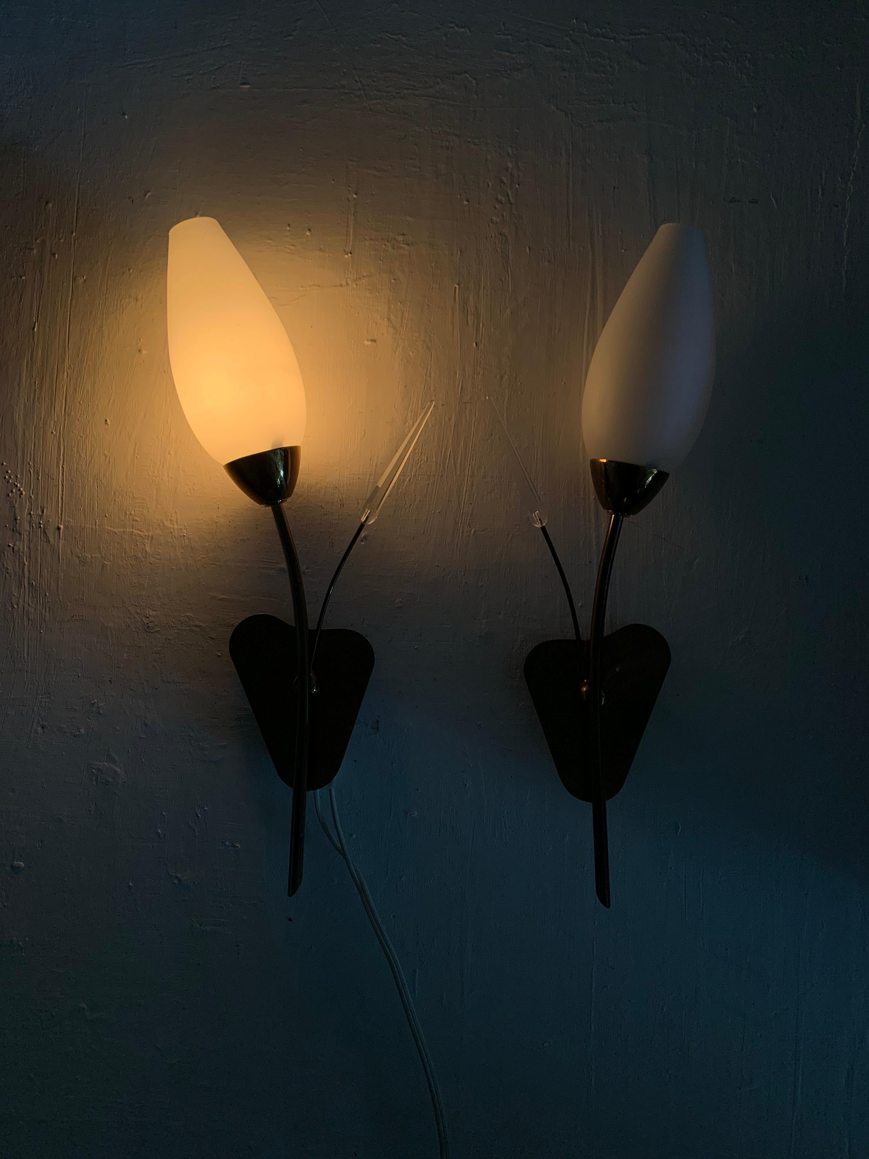 Pair of Modernist Sconces Attributed Maison Arlus in Brass and Opaline Glass For Sale 6