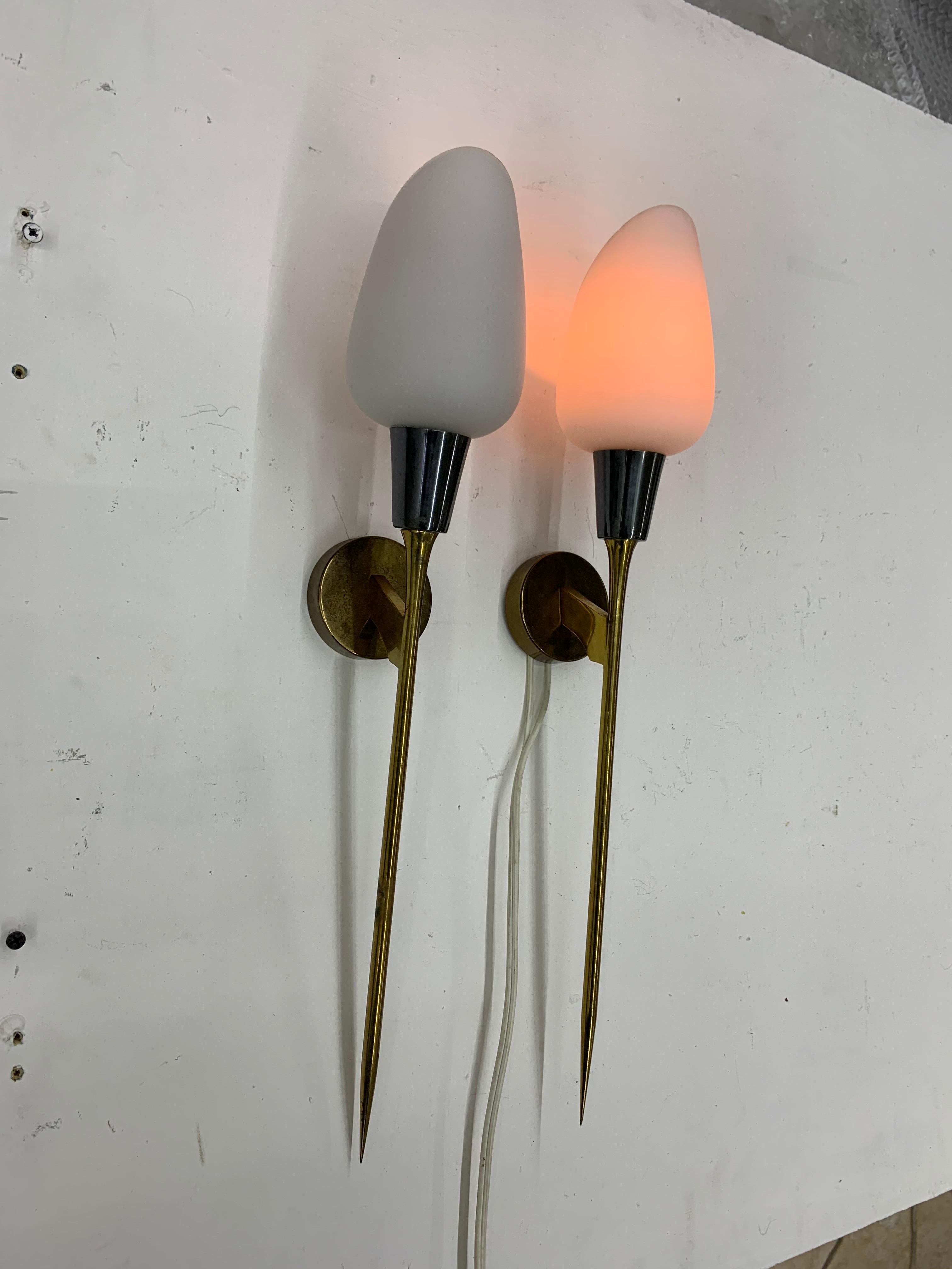 Pair of Modernist Sconces attr Maison Arlus in Brass and Opaline Glass, France 6