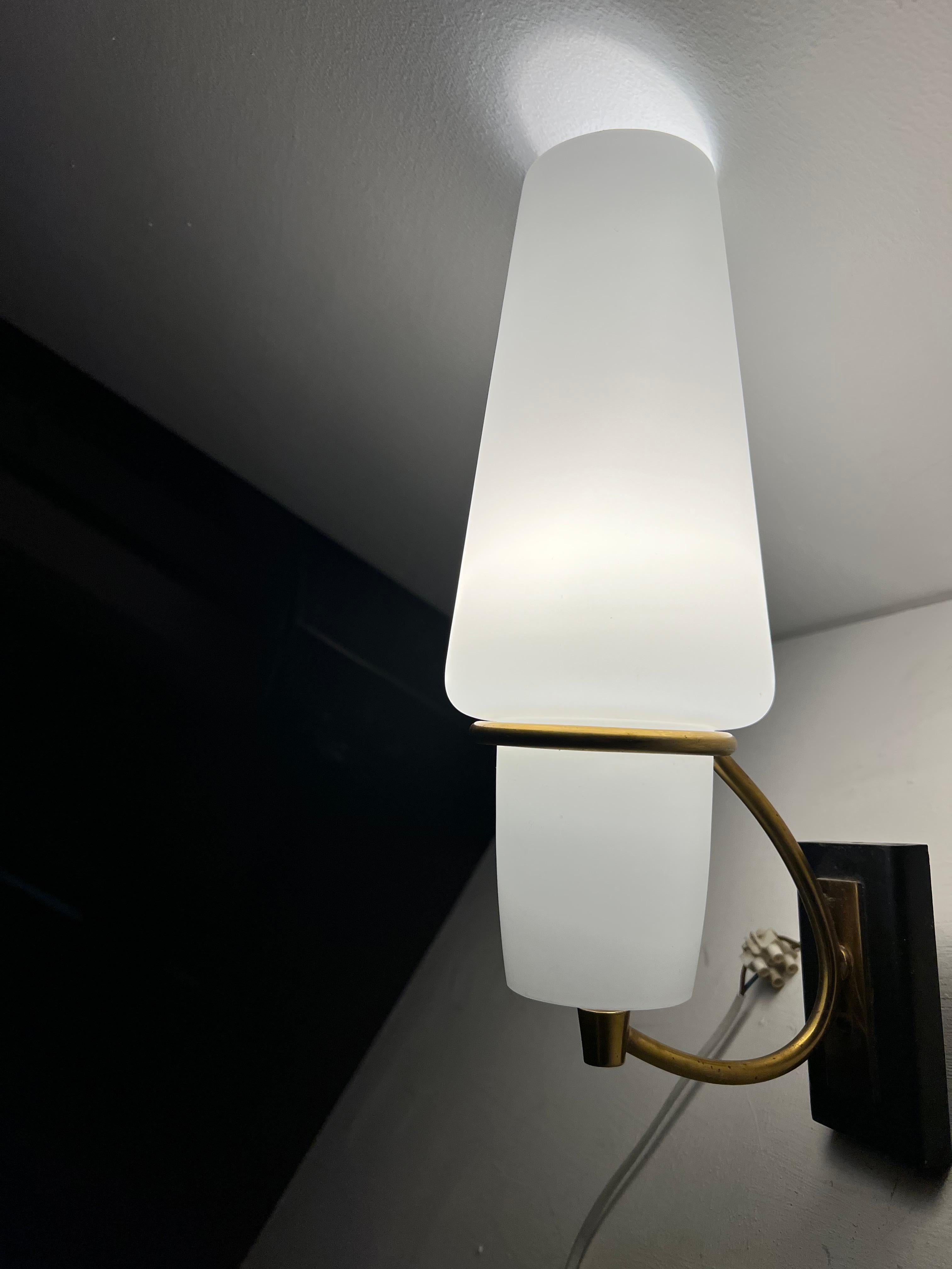 Pair of Modernist Sconces Attr Maison Arlus in Brass and Opaline Glass, France For Sale 6