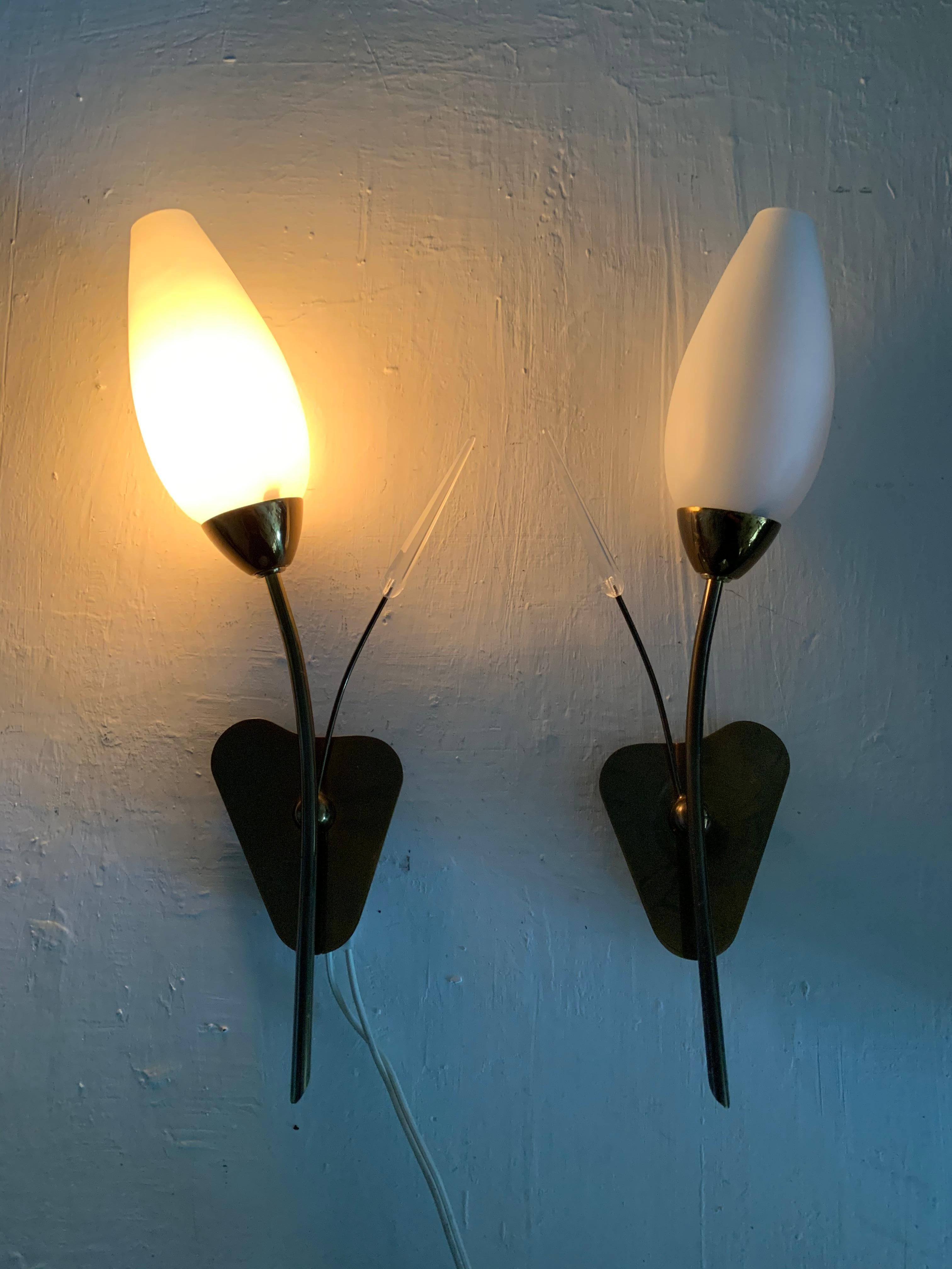 Pair of Modernist Sconces Attributed Maison Arlus in Brass and Opaline Glass For Sale 7