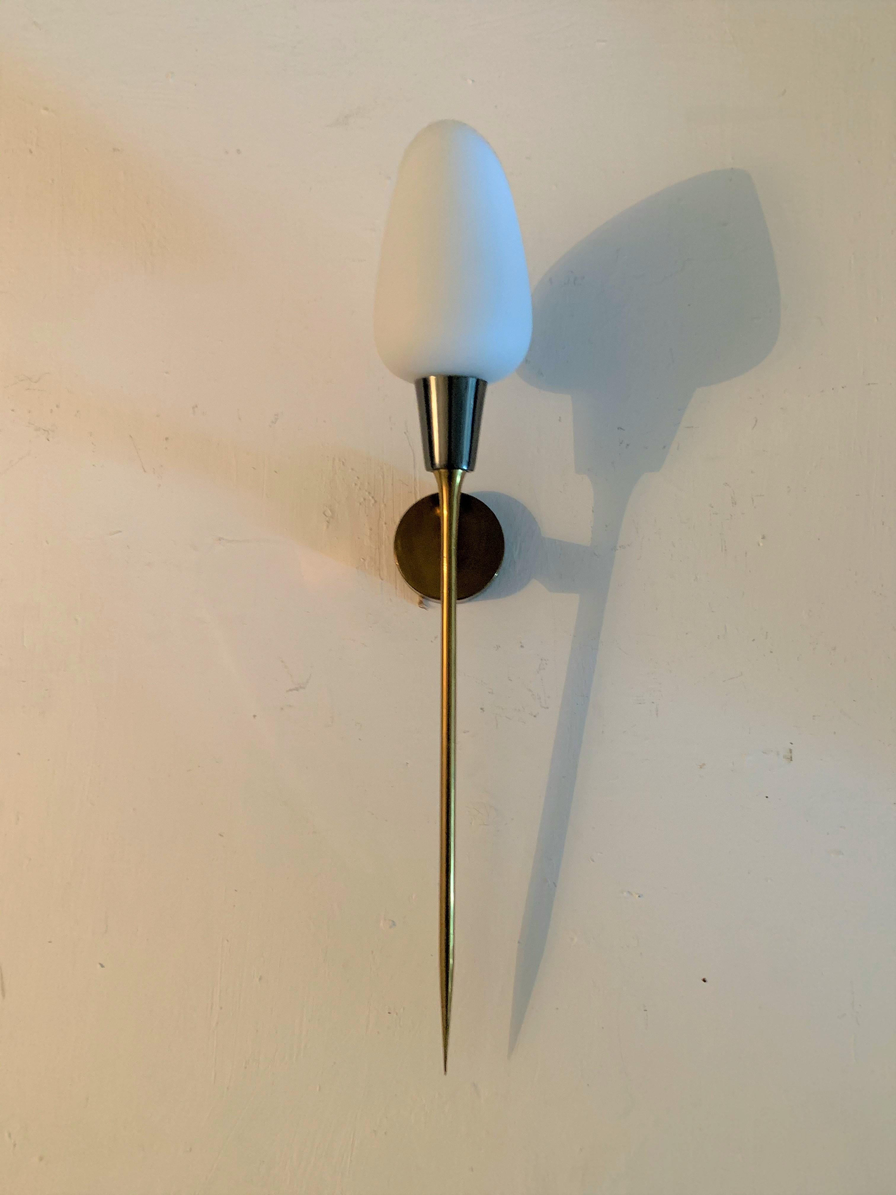 Pair of Modernist Sconces attr Maison Arlus in Brass and Opaline Glass, France 7