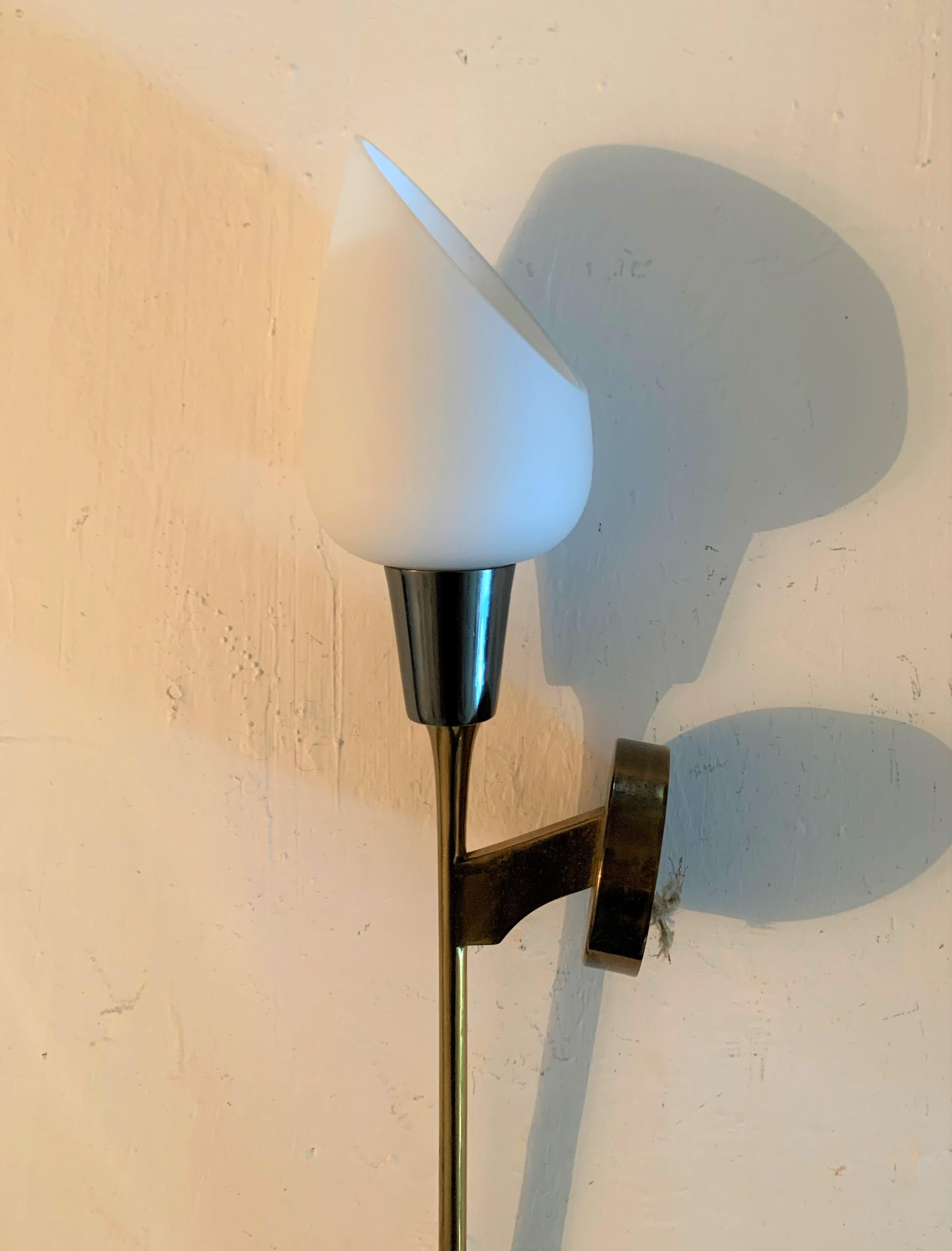 Pair of Modernist Sconces attr Maison Arlus in Brass and Opaline Glass, France 8