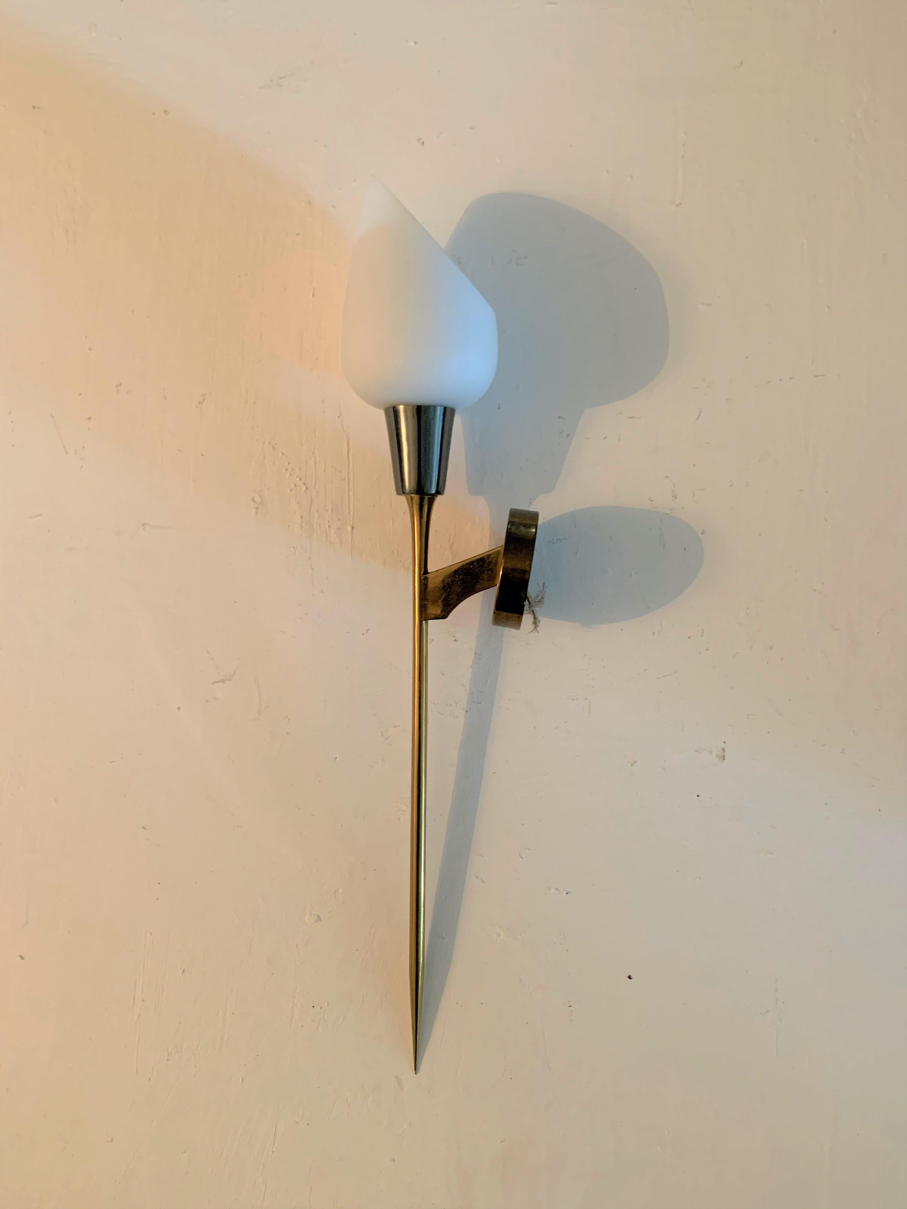 Pair of Modernist Sconces attr Maison Arlus in Brass and Opaline Glass, France 10