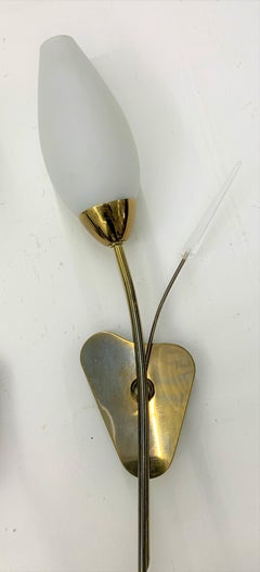 Pair of Modernist Sconces Attributed Maison Arlus in Brass and Opaline Glass