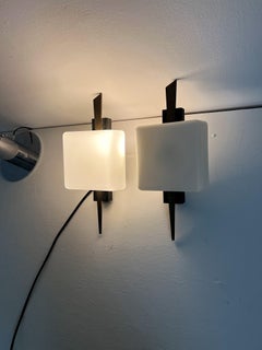 Pair of Modernist Sconces Attr Maison Arlus in Brass and Opaline Glass, France