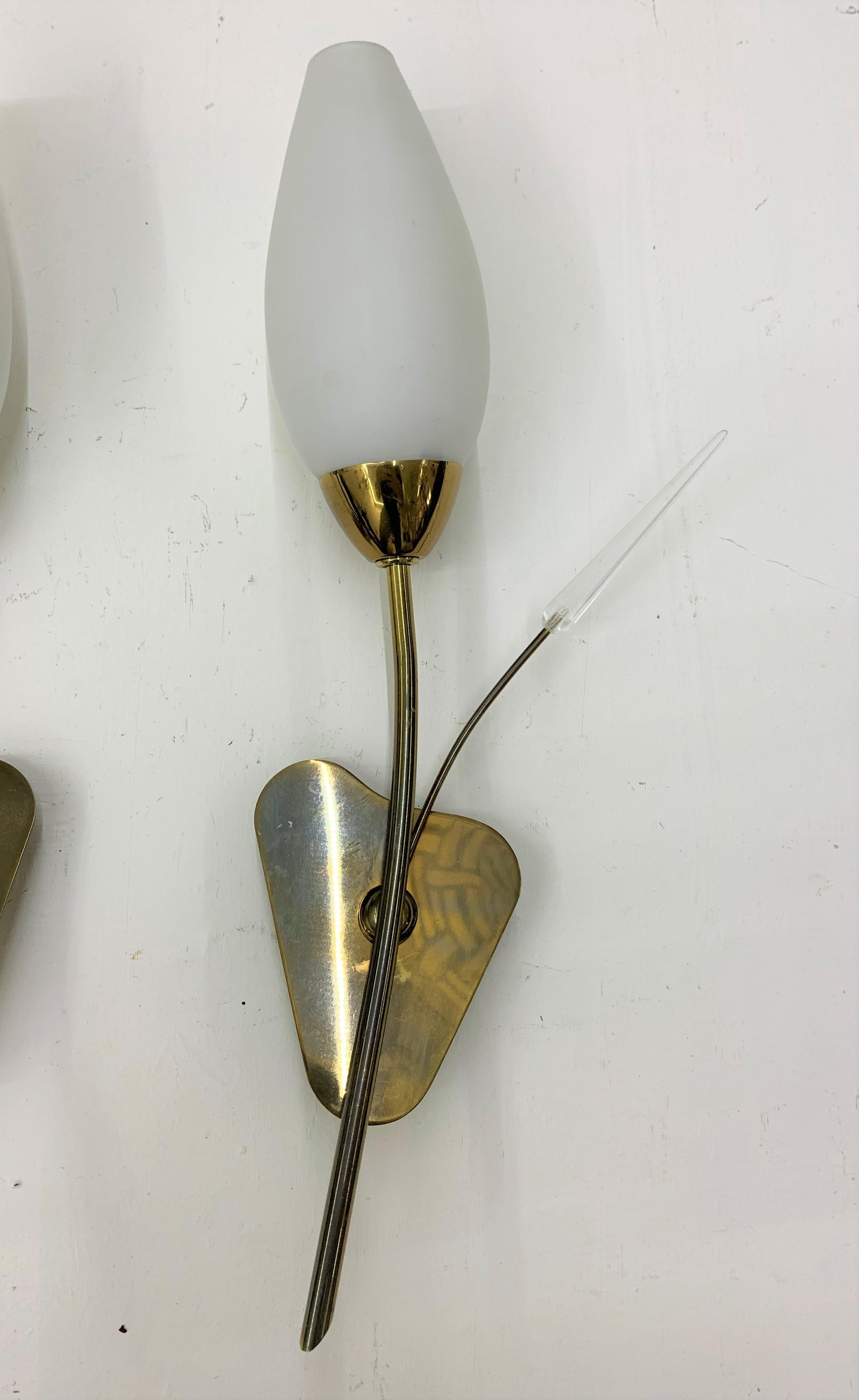 Mid-Century Modern Pair of Modernist Sconces Attributed Maison Arlus in Brass and Opaline Glass For Sale