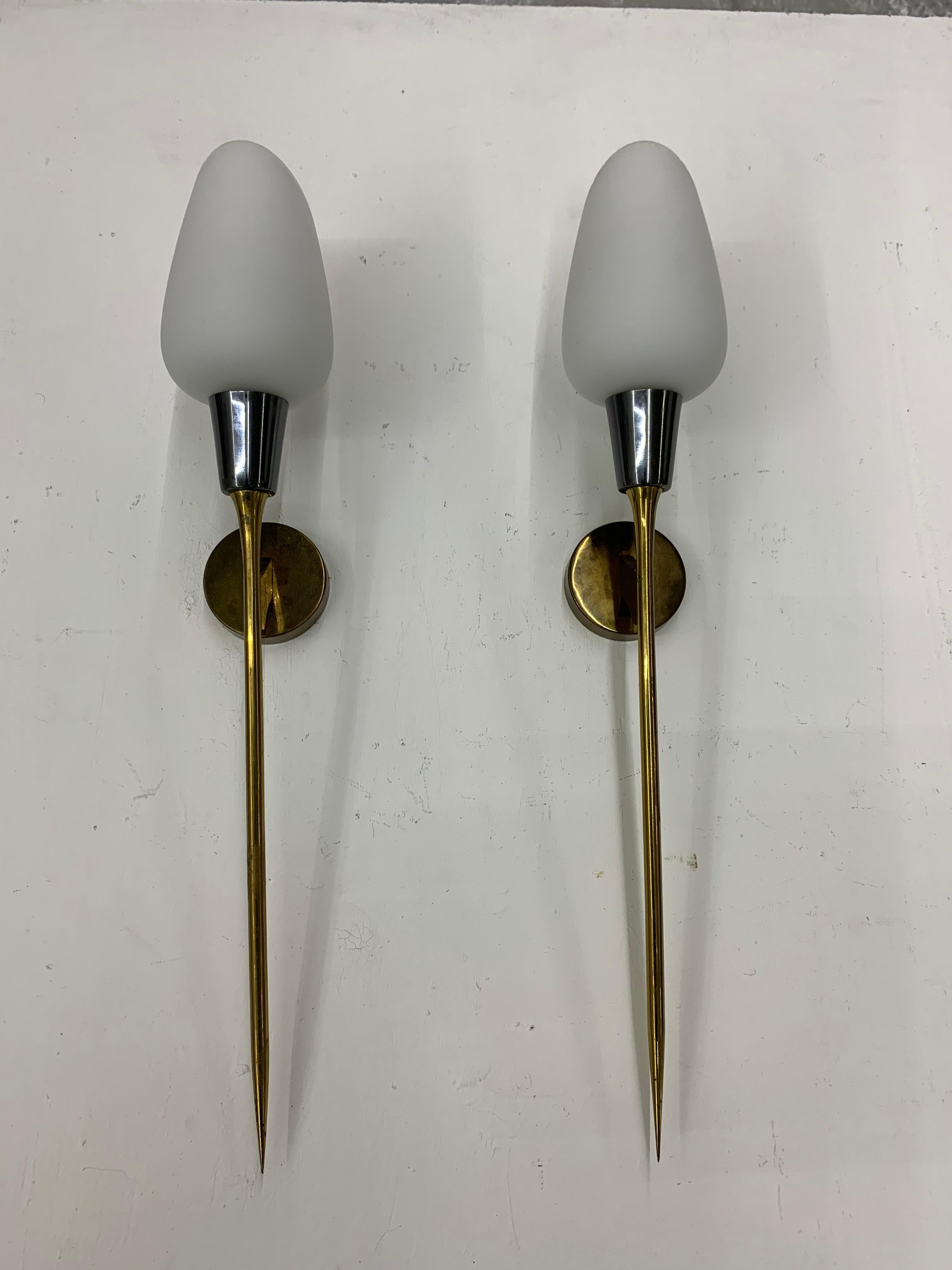 Mid-Century Modern Pair of Modernist Sconces attr Maison Arlus in Brass and Opaline Glass, France