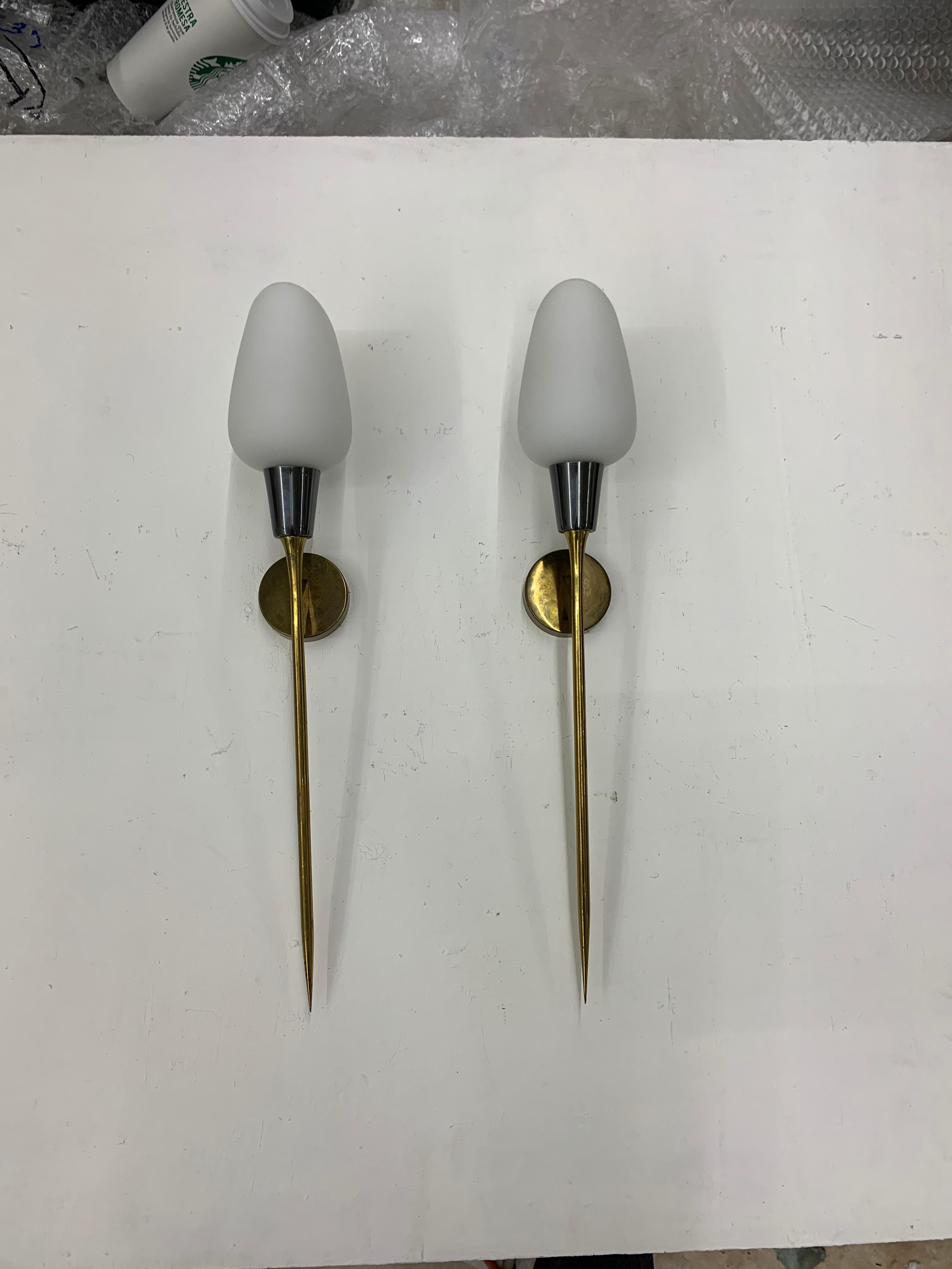 French Pair of Modernist Sconces attr Maison Arlus in Brass and Opaline Glass, France