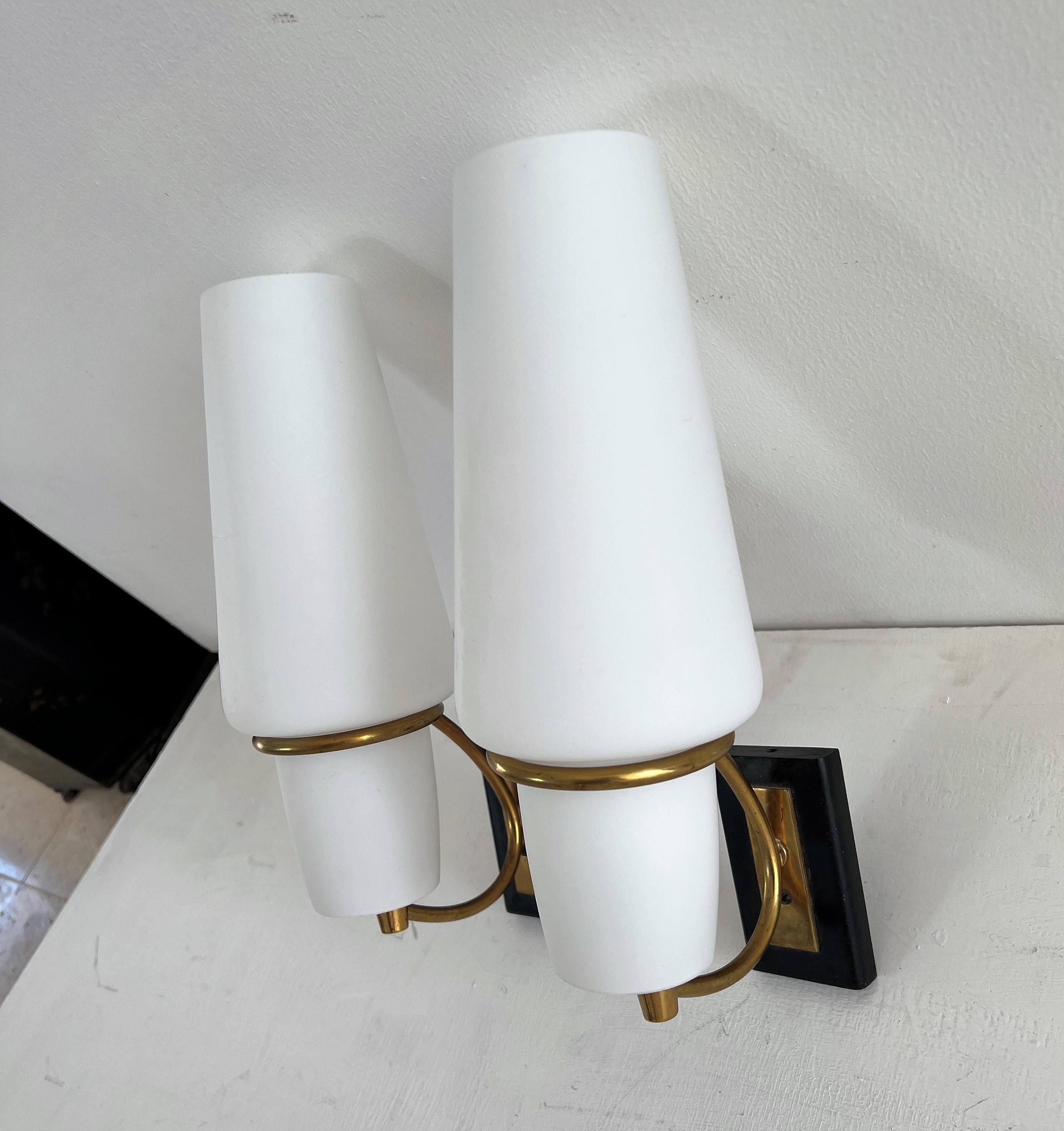 French Pair of Modernist Sconces Attr Maison Arlus in Brass and Opaline Glass, France For Sale