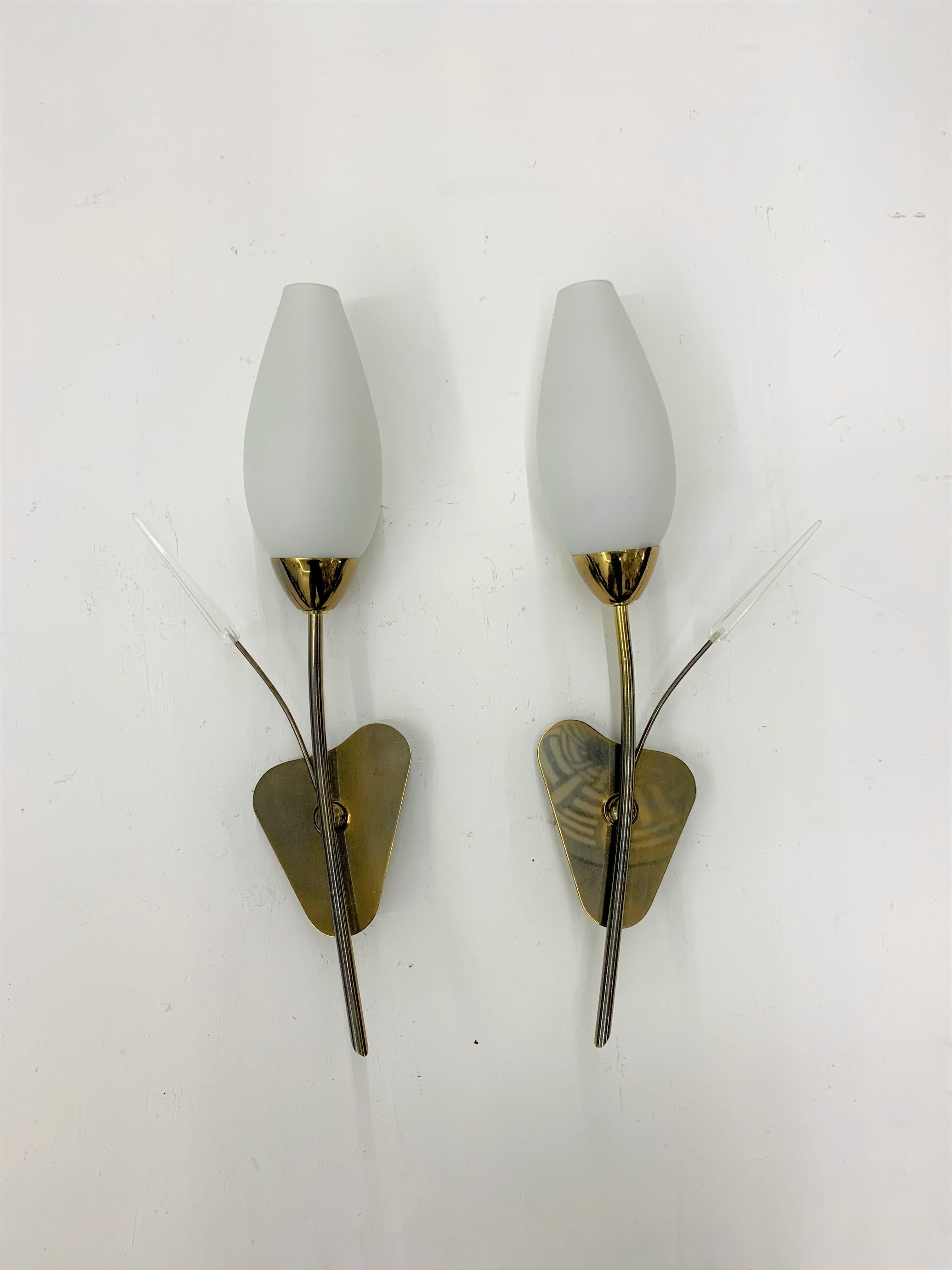 Polished Pair of Modernist Sconces Attributed Maison Arlus in Brass and Opaline Glass For Sale