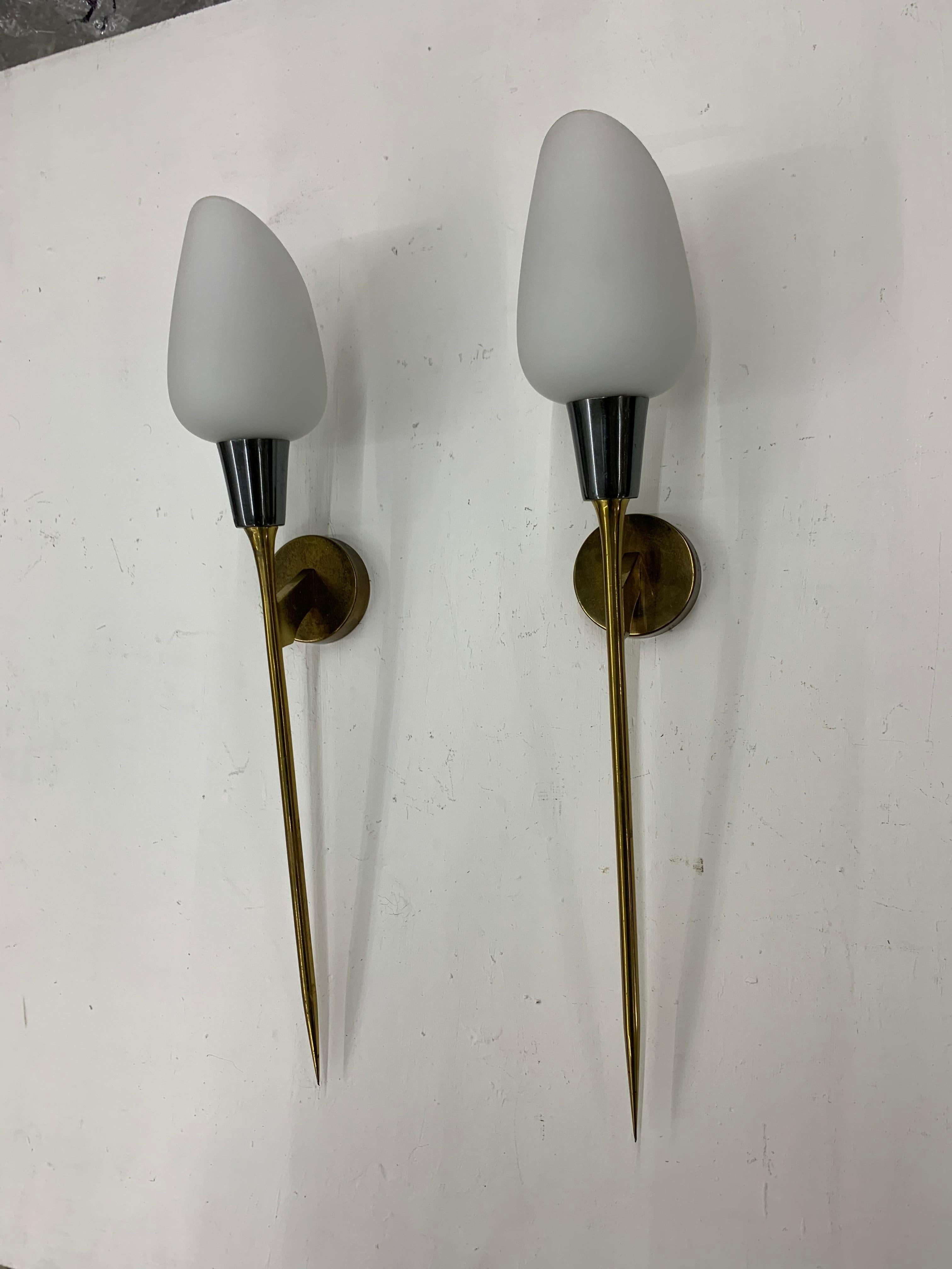 Polished Pair of Modernist Sconces attr Maison Arlus in Brass and Opaline Glass, France