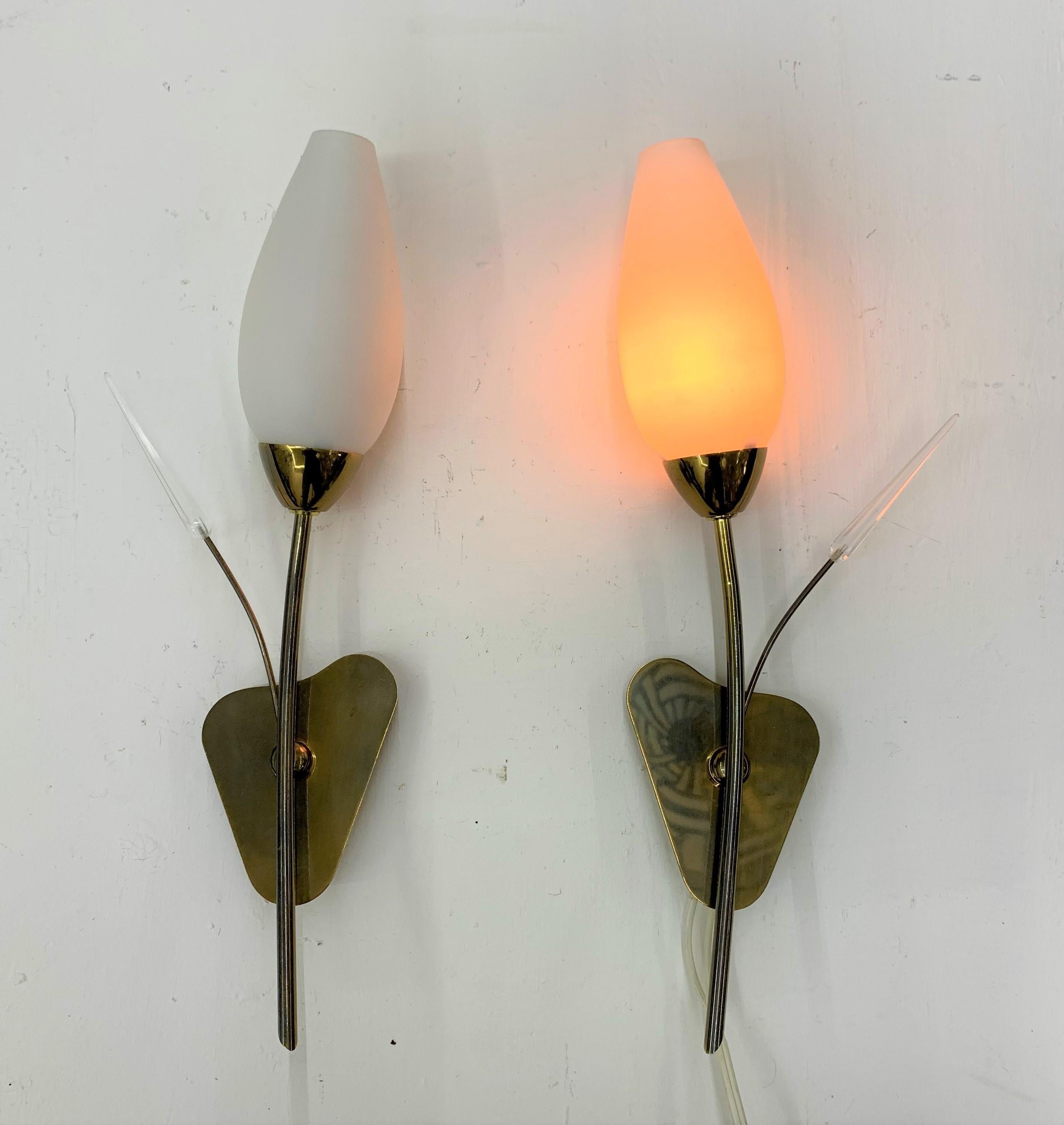 Mid-20th Century Pair of Modernist Sconces Attributed Maison Arlus in Brass and Opaline Glass For Sale