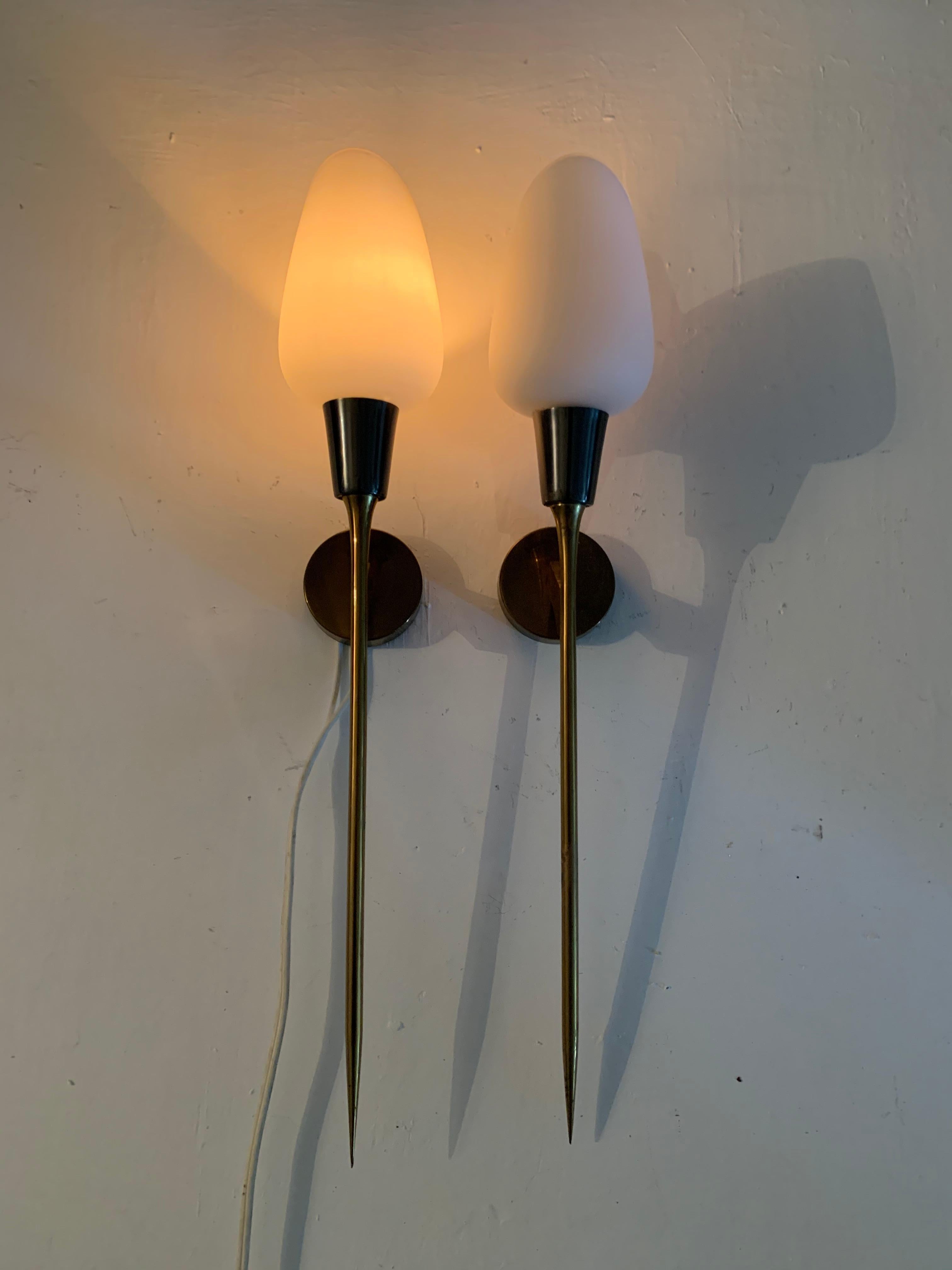Mid-20th Century Pair of Modernist Sconces attr Maison Arlus in Brass and Opaline Glass, France