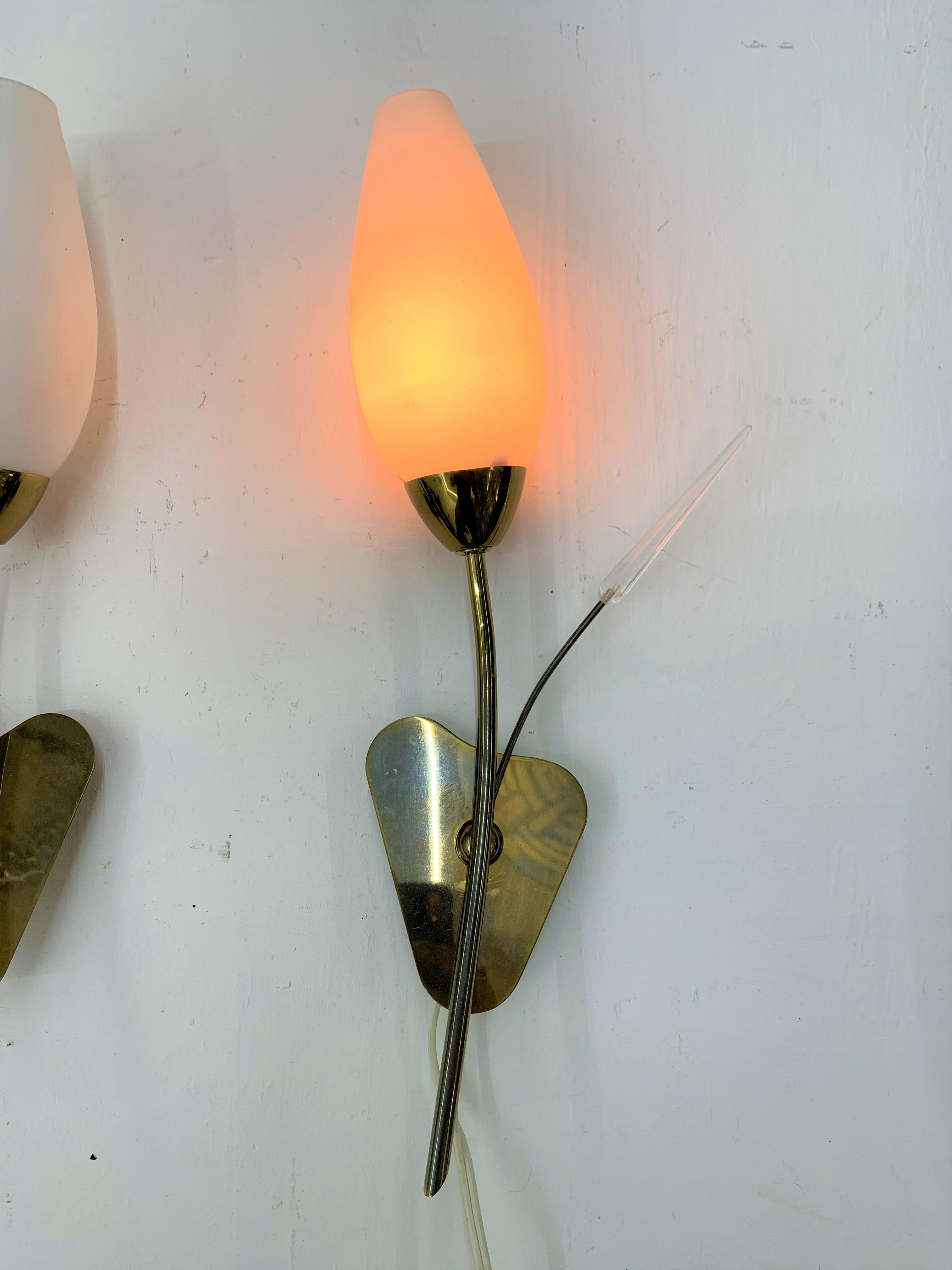 Pair of Modernist Sconces Attributed Maison Arlus in Brass and Opaline Glass For Sale 1