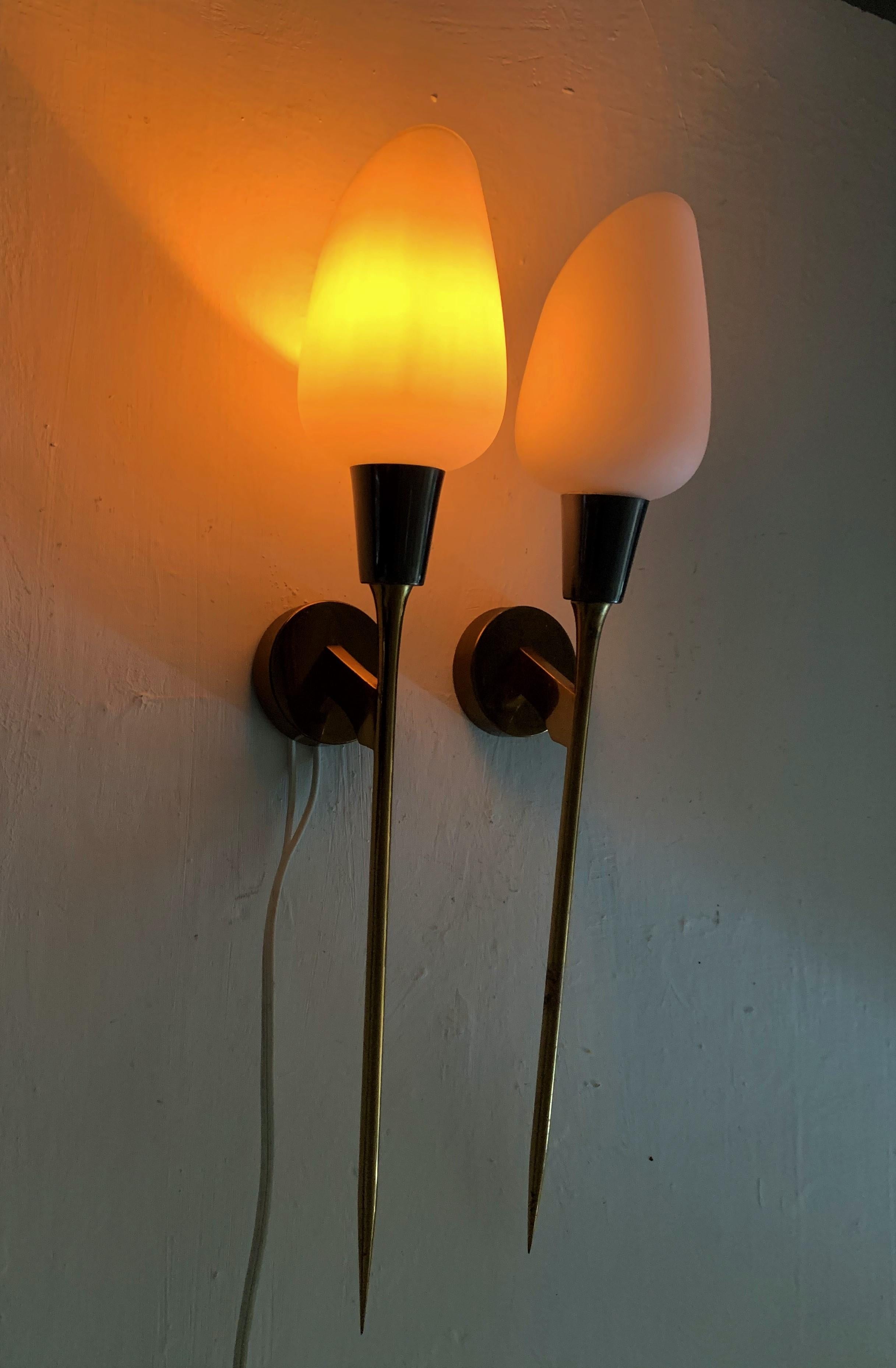 Pair of Modernist Sconces attr Maison Arlus in Brass and Opaline Glass, France 1