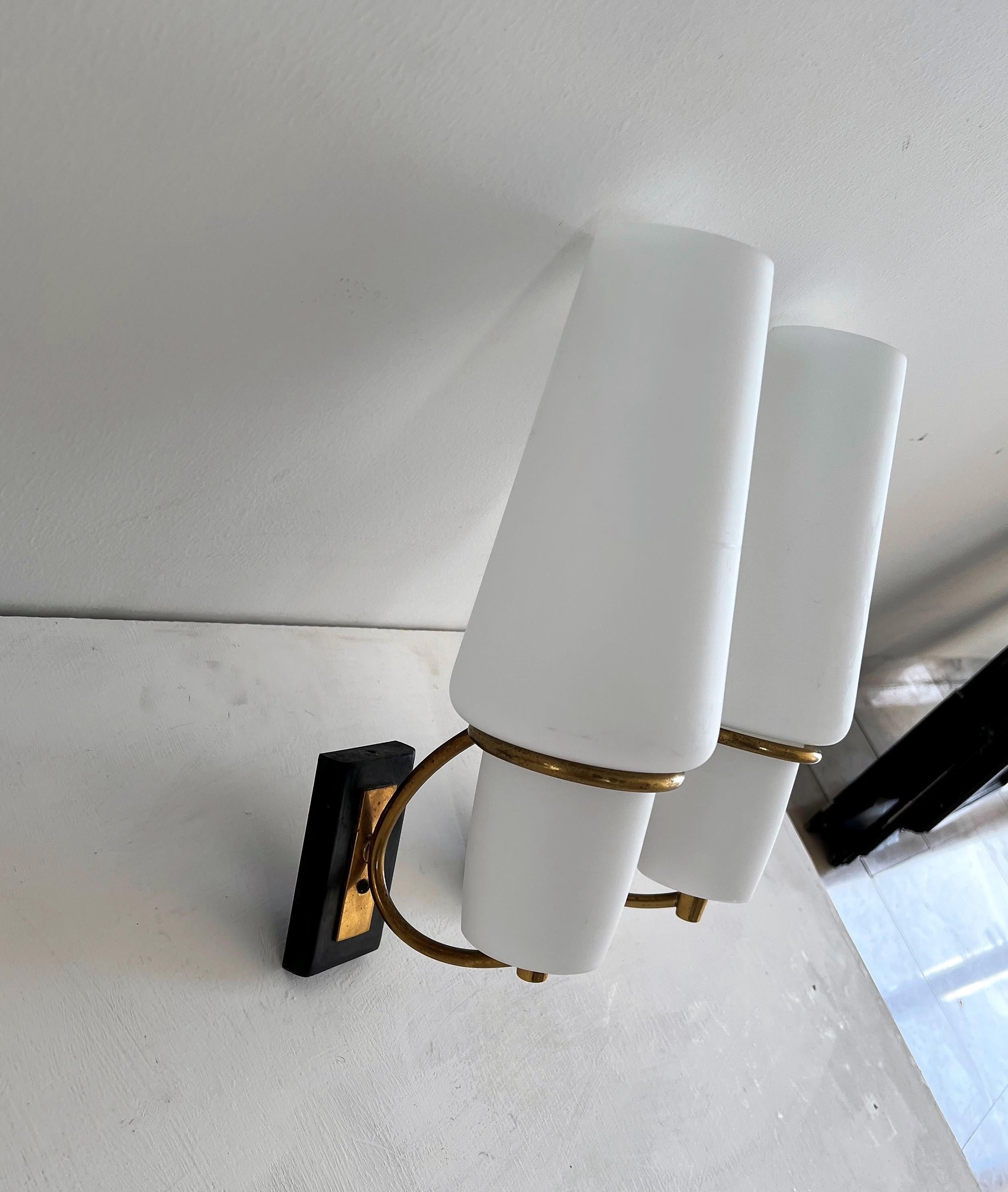 Pair of Modernist Sconces Attr Maison Arlus in Brass and Opaline Glass, France For Sale 1