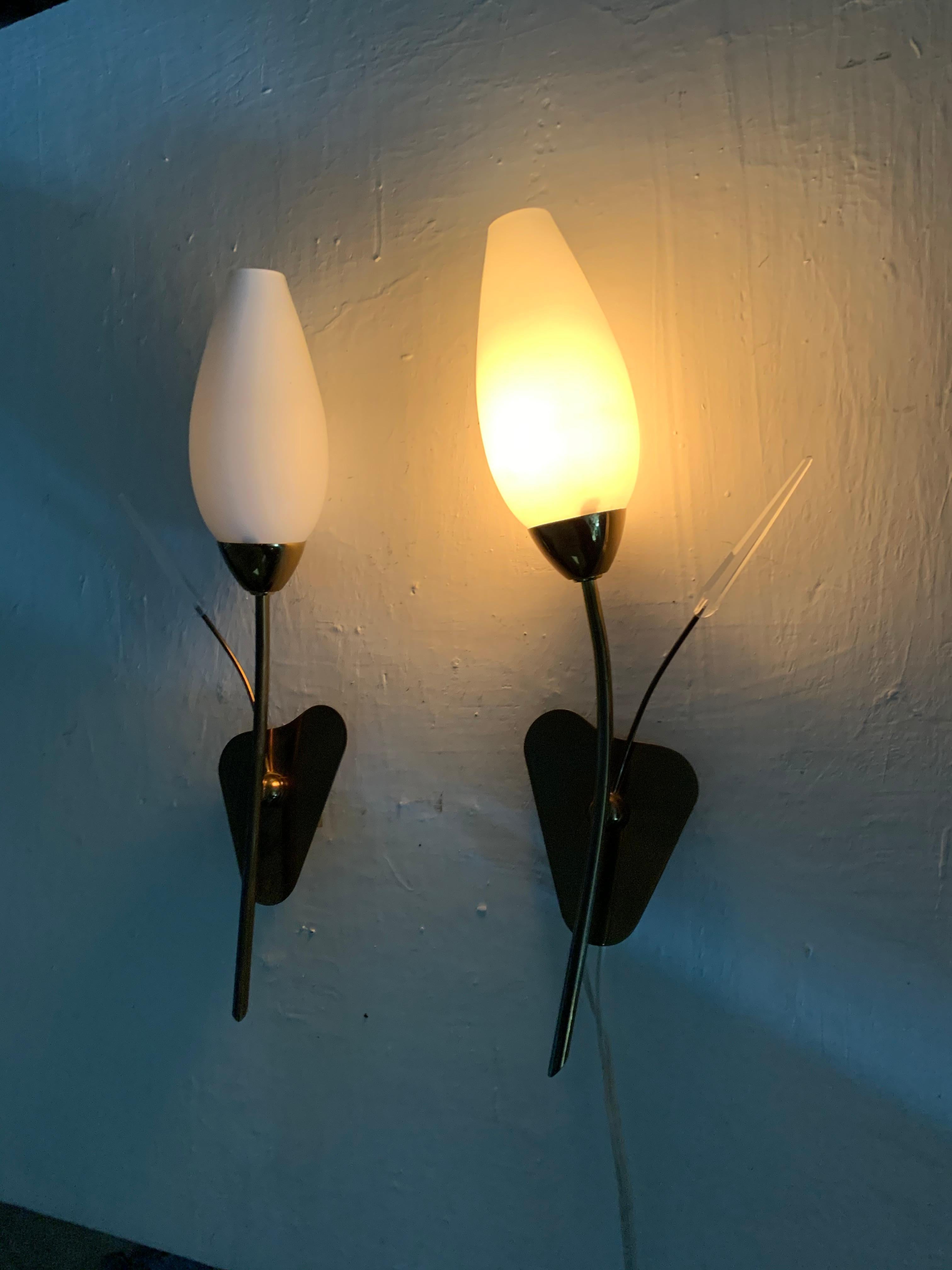 Pair of Modernist Sconces Attributed Maison Arlus in Brass and Opaline Glass For Sale 2