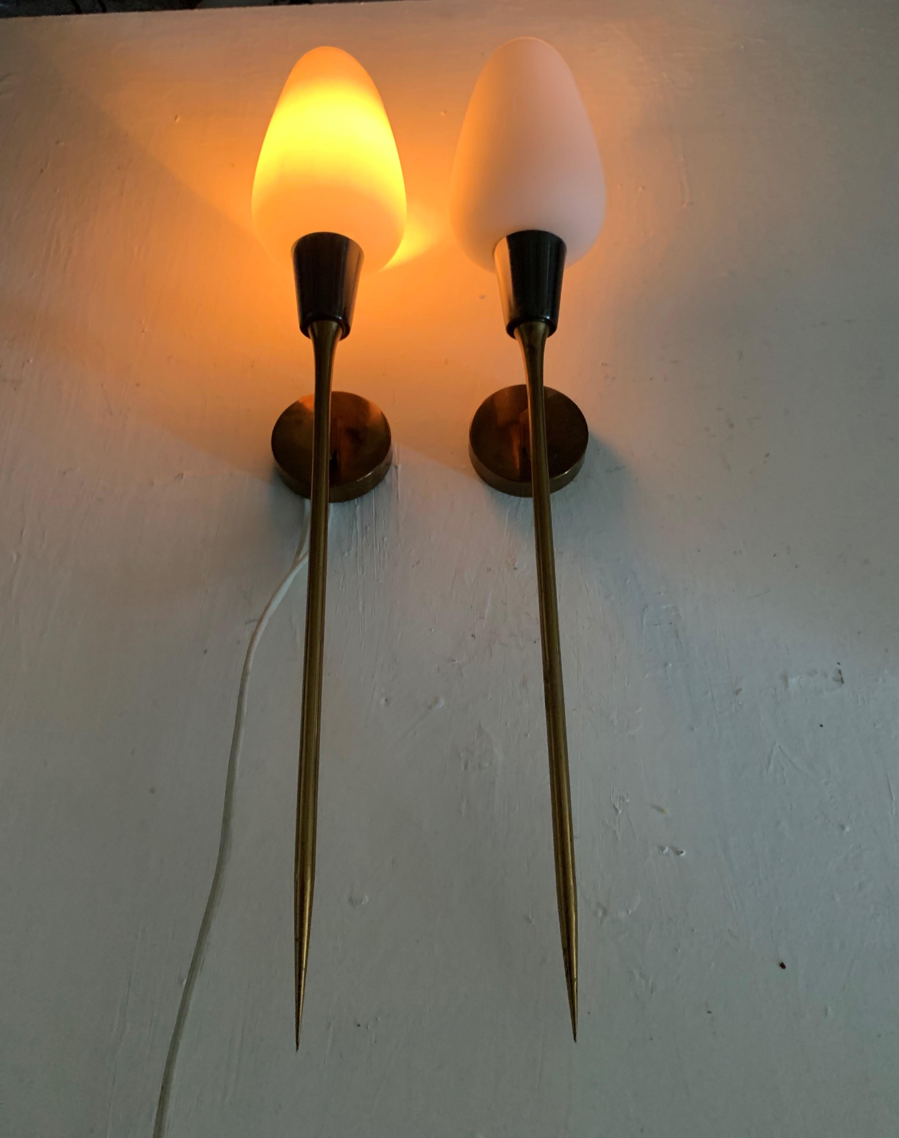 Pair of Modernist Sconces attr Maison Arlus in Brass and Opaline Glass, France 2
