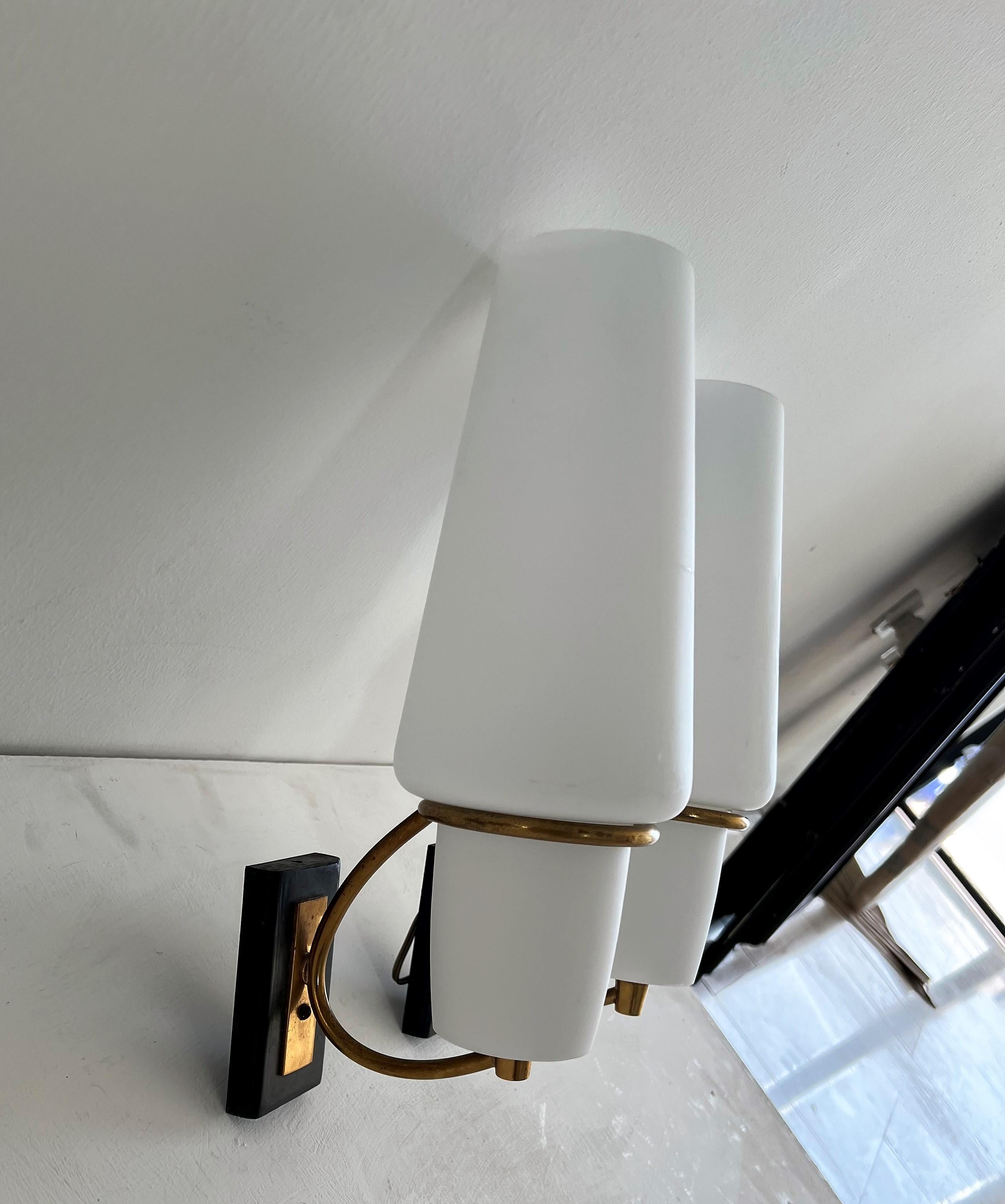 Pair of Modernist Sconces Attr Maison Arlus in Brass and Opaline Glass, France For Sale 2